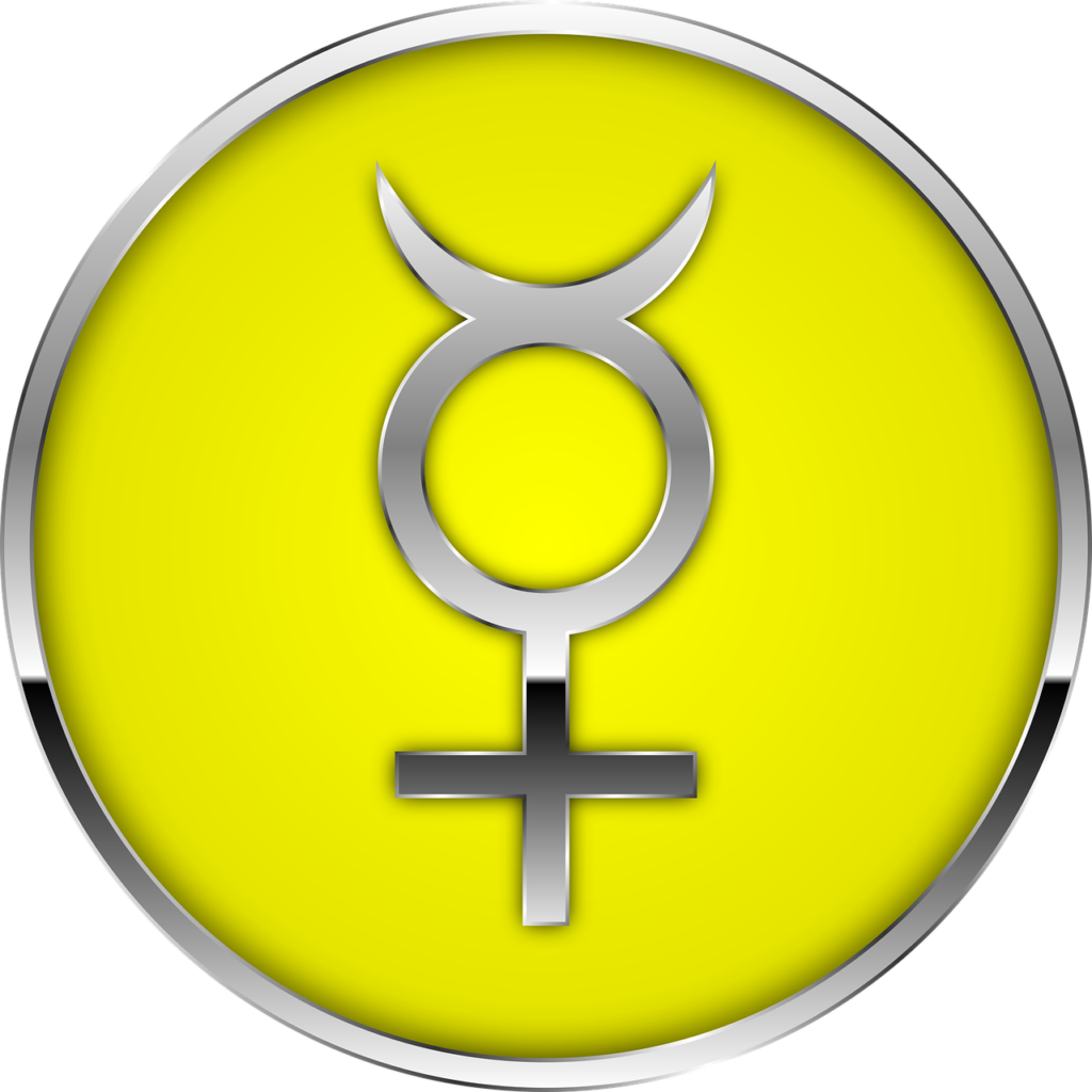 Mercury 桌布 壁紙 — 一個銀色的占星學符號，代表豐收女神，置於一個帶有金屬邊框的亮黃色圓形背景上。