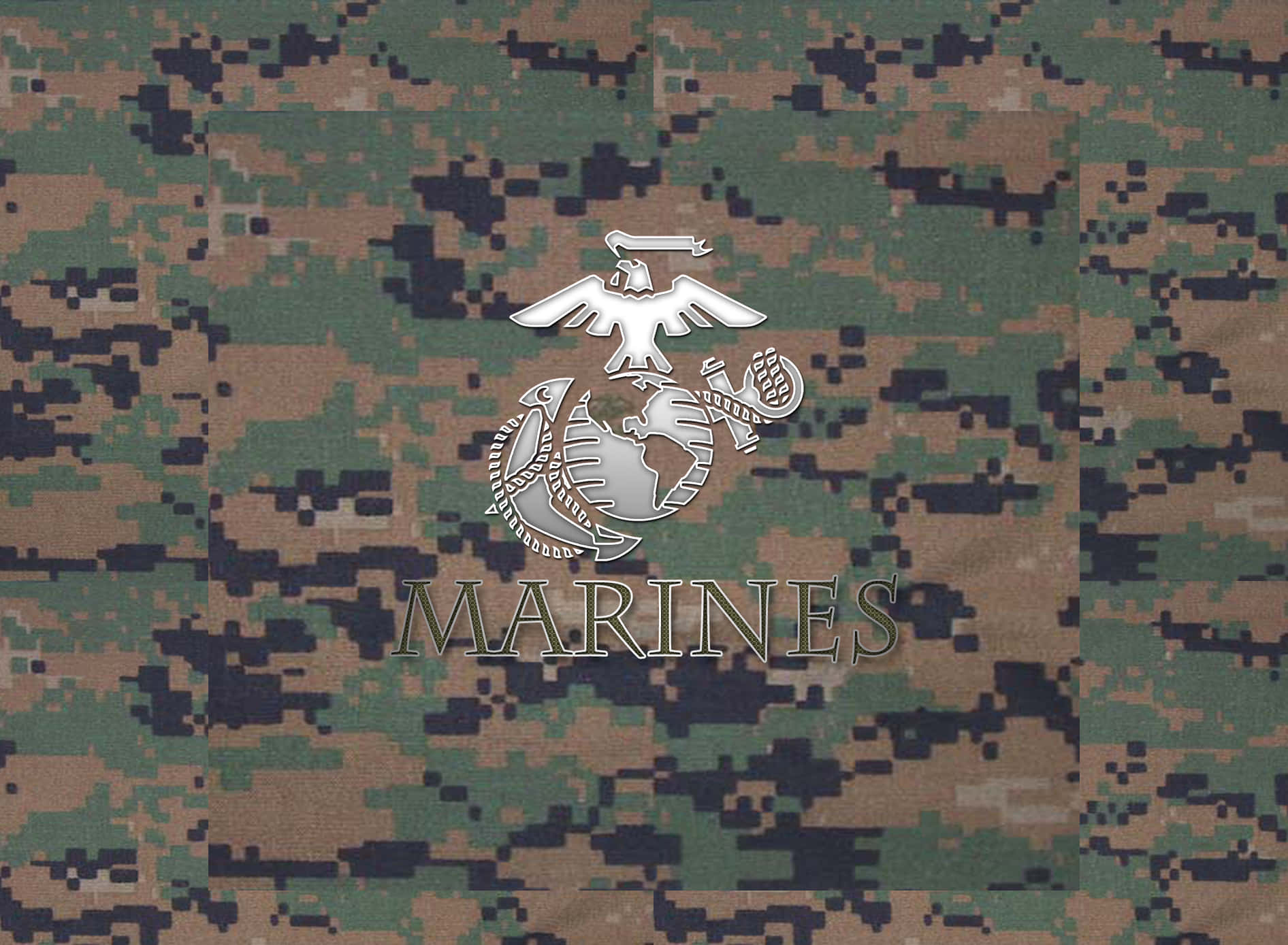 Usmc 桌布 壁紙 — 一個銀色美國海軍陸戰隊徽章，中央有鷹、地球和錨，置於數位迷彩布料上。