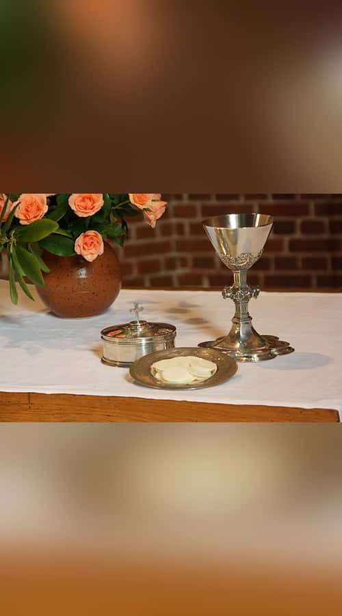 Sacrament 桌布 壁紙 — 一個銀色聖杯和聖盤，上面有麵包和一瓶蜜桃玫瑰，放在白布上，背景是磚牆。