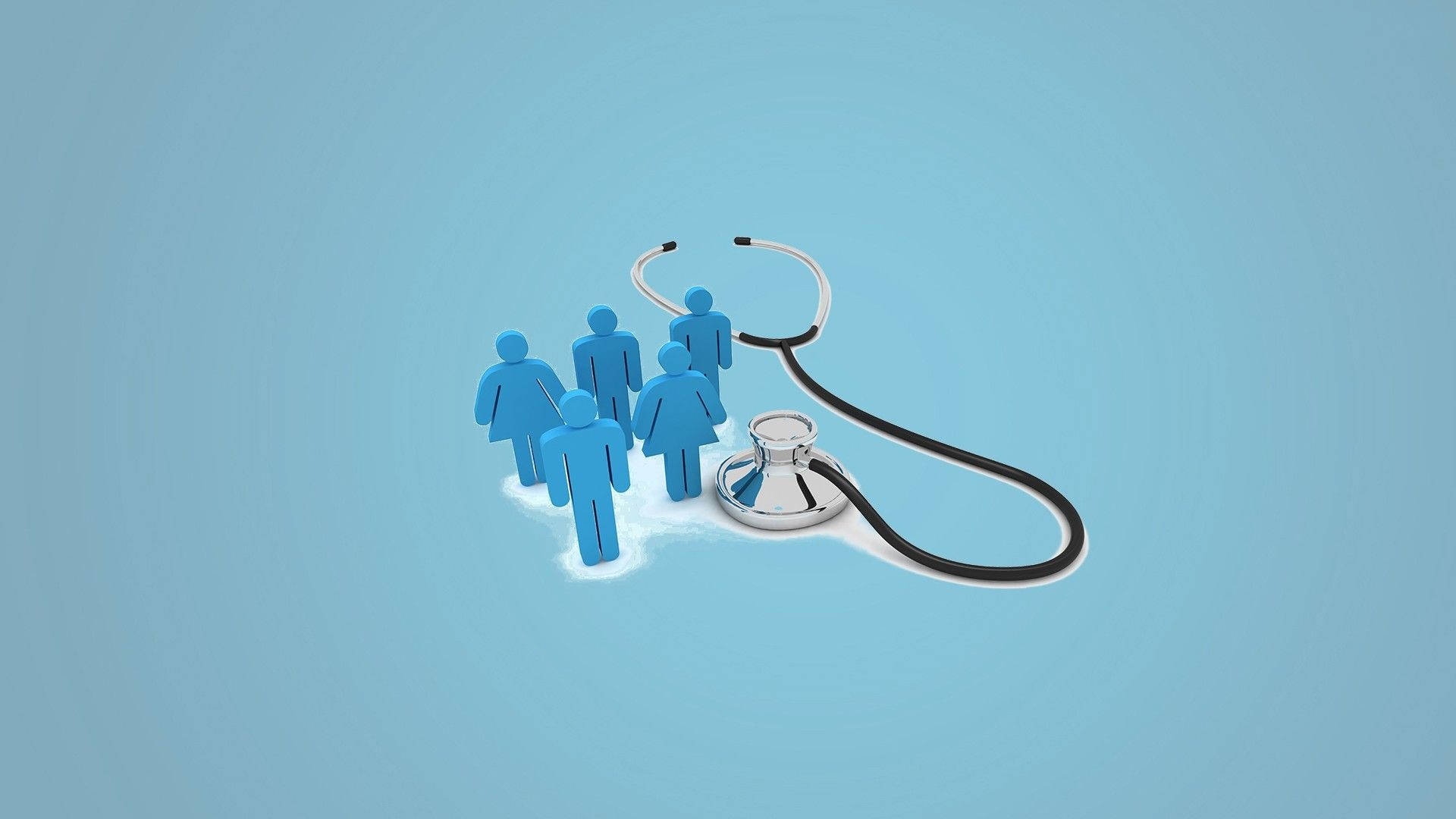 Stethoscope 桌布 壁紙 — 一個銀色聽診器纏繞著一組藍色3D人形，背景是柔和的藍色。