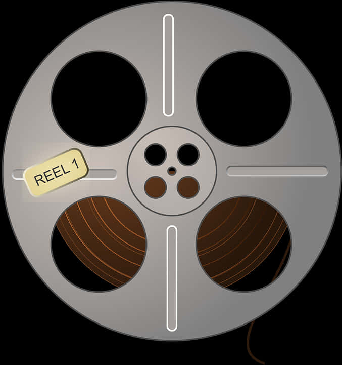 電影 桌布 壁紙 — 一個銀色膠卷，標有「REEL 1」，棕色膠片纏繞在卷軸上，背景為黑色。