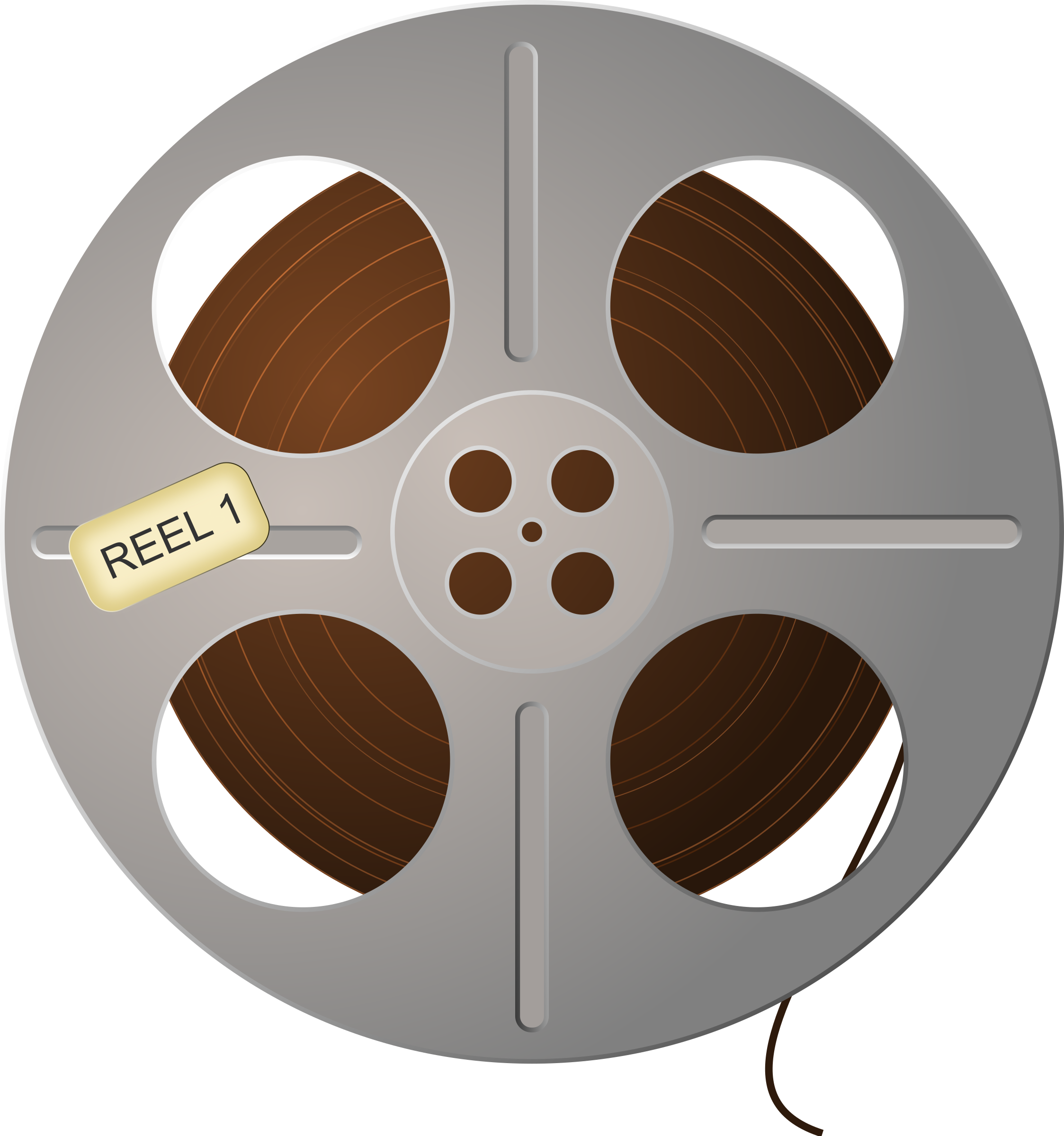 Film Reel 桌布 壁紙 — 一個銀色膠卷標有 'REEL 1'，在黑色背景上托住棕色電影膠卷。