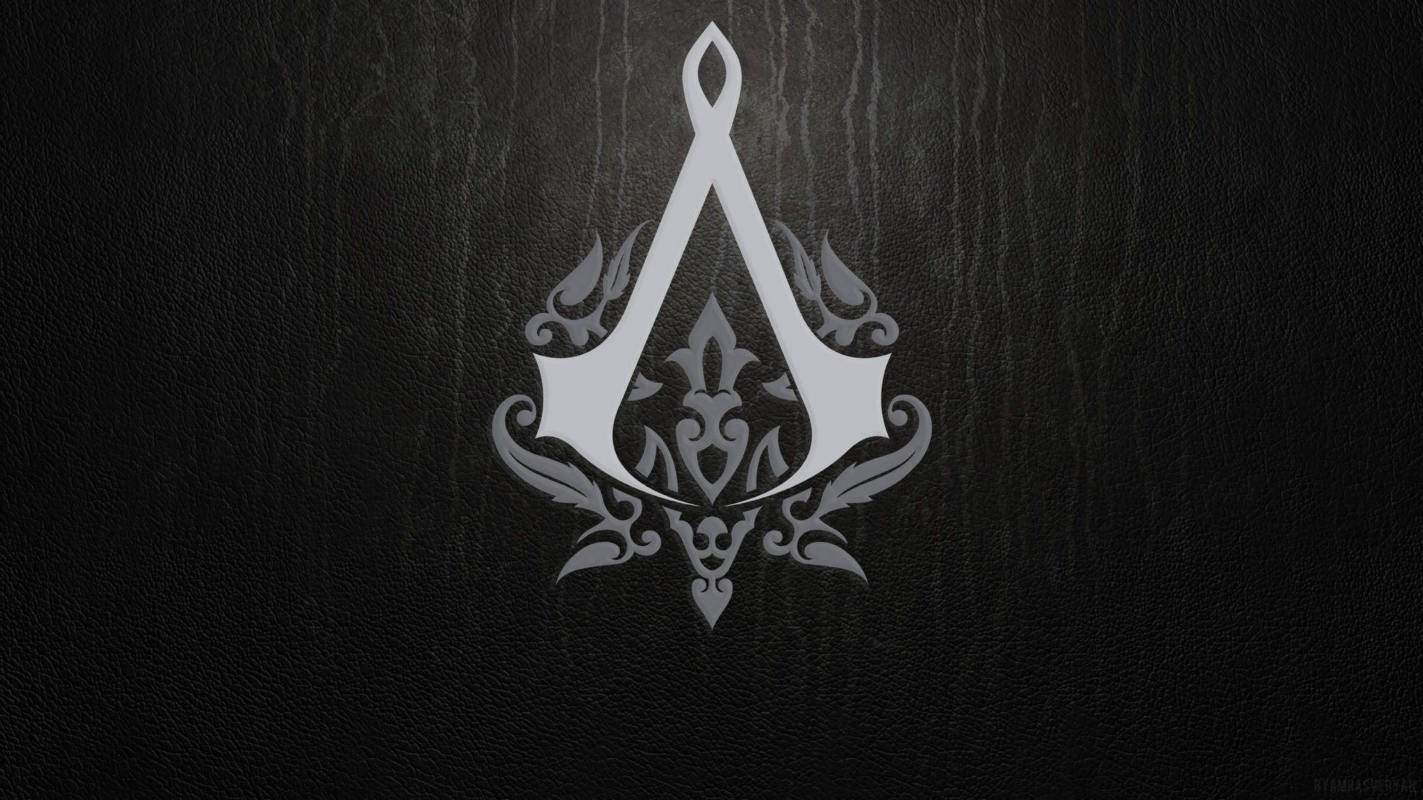Assassin's Creed 桌布 壁紙 — 一個銀色華麗的刺客教條標誌在紋理黑色皮革背景上閃耀。