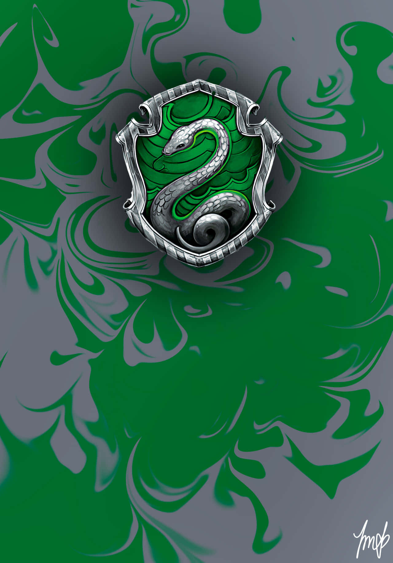 Slytherin Phone 桌布 壁紙 — 一個銀色蛇形徽章在盾牌內旋轉，背景是動態的綠色和灰色大理石紋理。