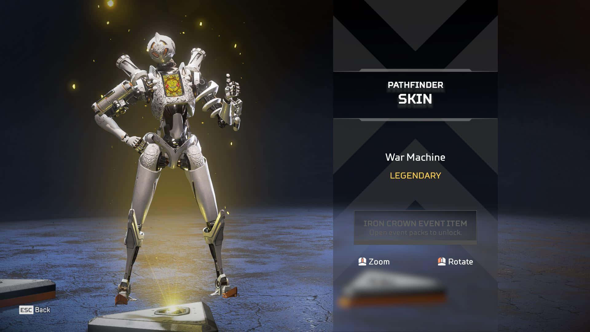 Apex 桌布 壁紙 — 一個銀色裝甲機器人自信地站在一個顯示『Pathfinder Skin War Machine Legendary』的黑暗遊戲介面中。
