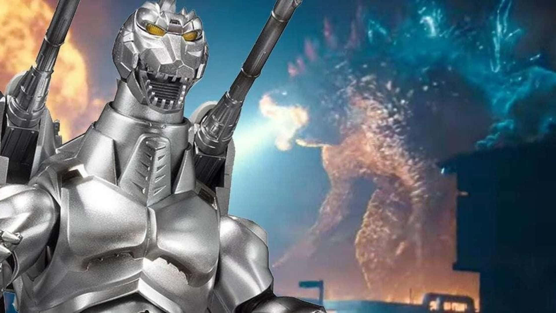 Godzilla Vs Mechagodzilla 桌布 壁紙 — 一個銀色裝甲的機器人，雙眼發出黃光，準備就緒，身後一隻巨型怪物在烈火混亂中爆發。