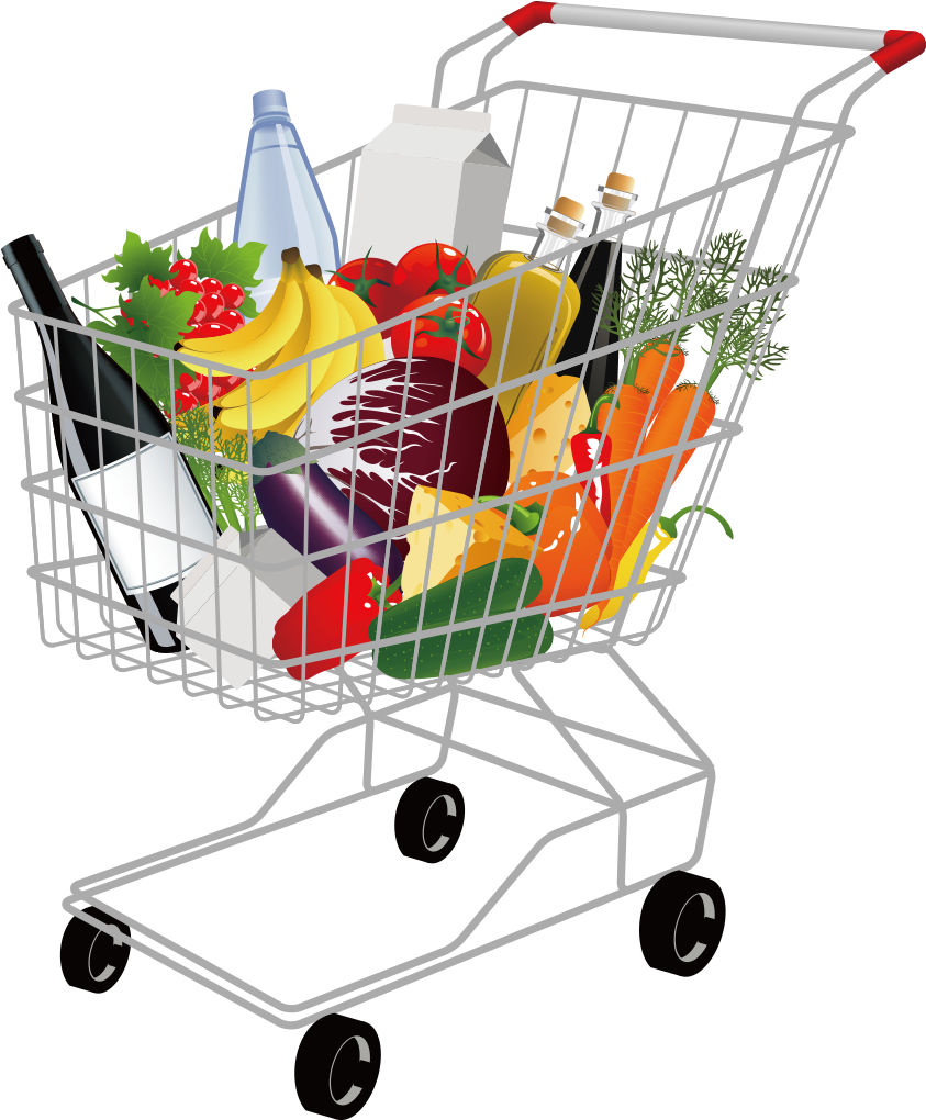 Shopping 桌布 壁紙 — 一個銀色購物車，裝滿了色彩繽紛的雜貨，包括香蕉、番茄、紅蘿蔔和瓶裝水，背景為黑色。