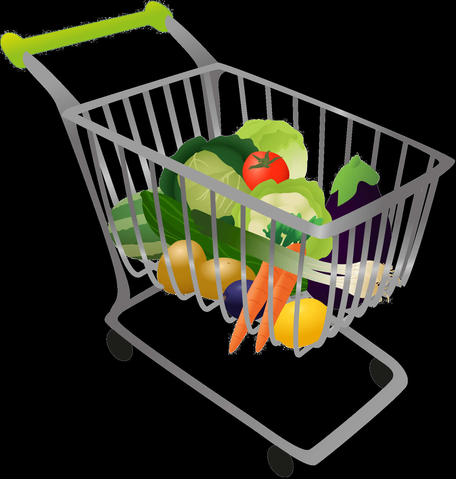 Shopping Cart 桌布 壁紙 — 一個銀色購物車裝滿了色彩繽紛的新鮮蔬菜，如紅蘿蔔、番茄和茄子，背景為黑色。
