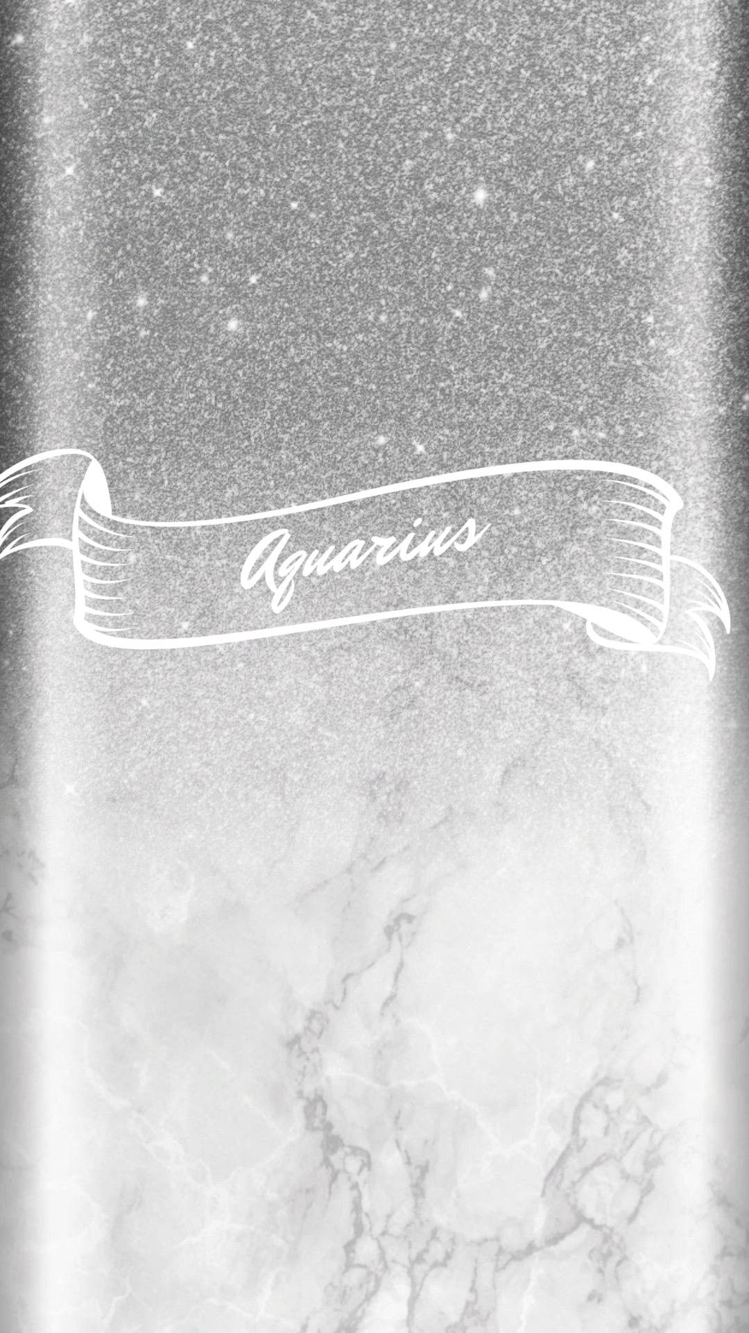 aquarius 桌布 壁紙 — 一個銀色閃粉橫幅，上面優雅地書寫著Aquarius字樣，背景為大理石紋。