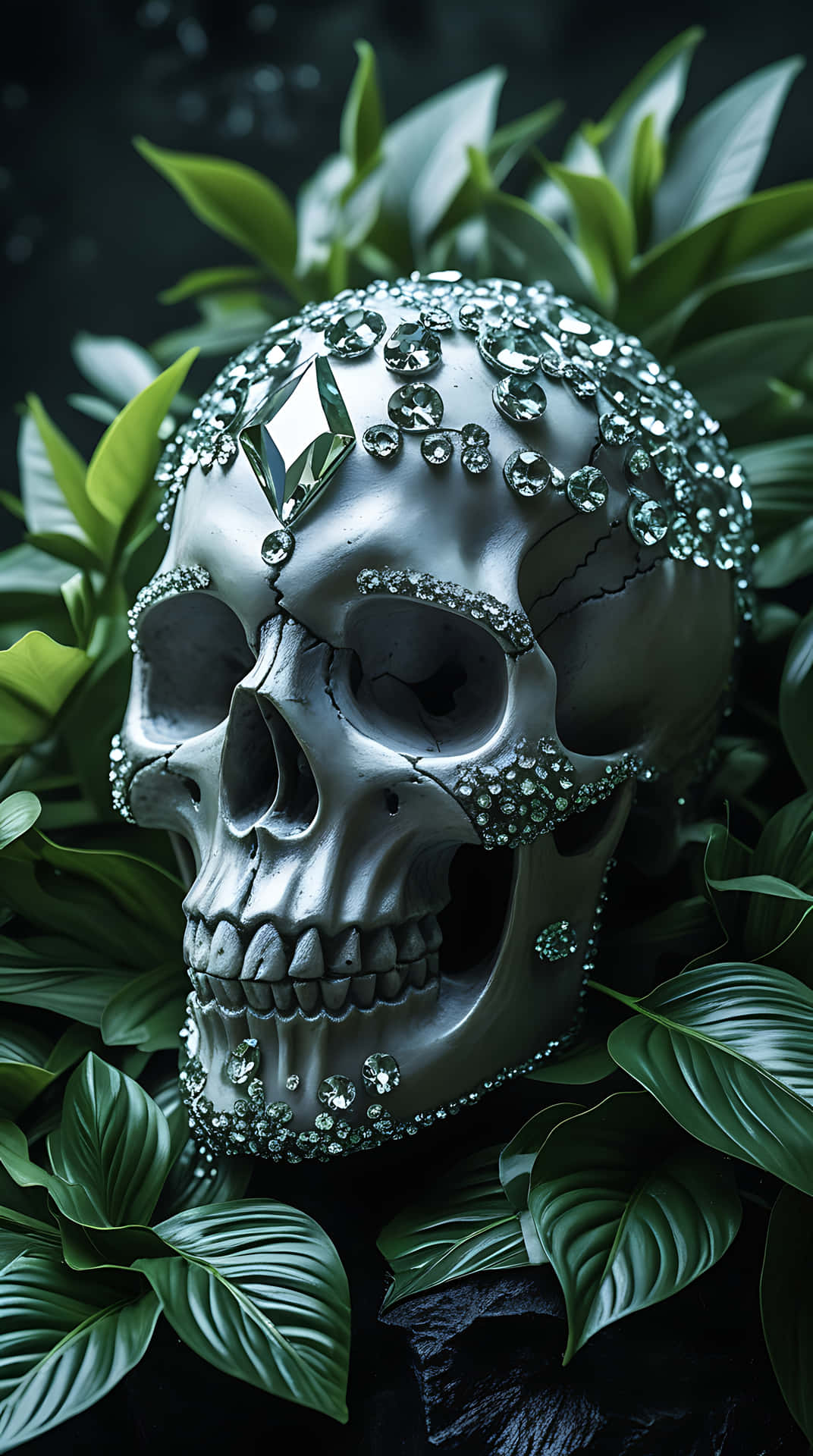 Ethereal Crystal Skull Amidst Green Foliage. skull wallpaper 壁紙 — 一個銀色頭骨飾有閃爍寶石，躺在茂密綠葉之間，背景深色。