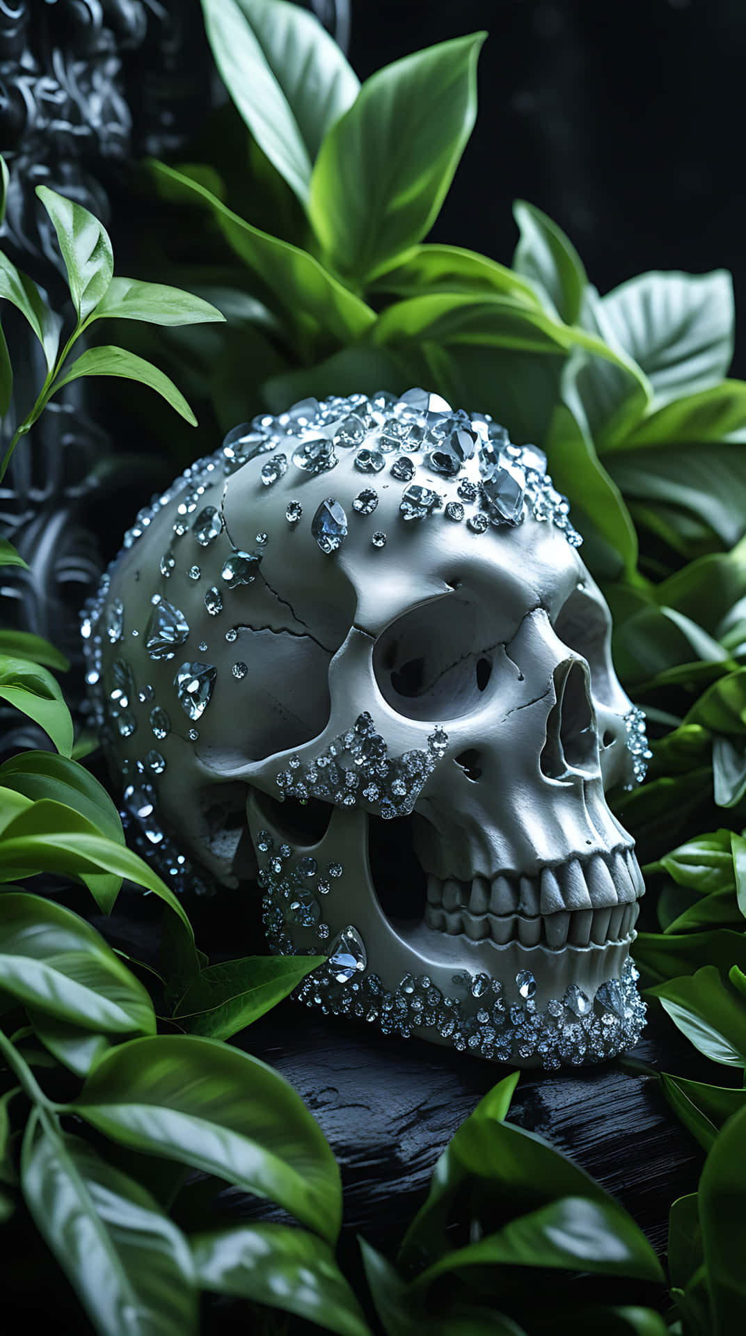 Ethereal Crystal Skull Amidst Green Foliage. skull wallpaper 壁紙 — 一個銀色頭骨飾有閃爍水晶，躺在深色背景中茂盛的綠葉之間。