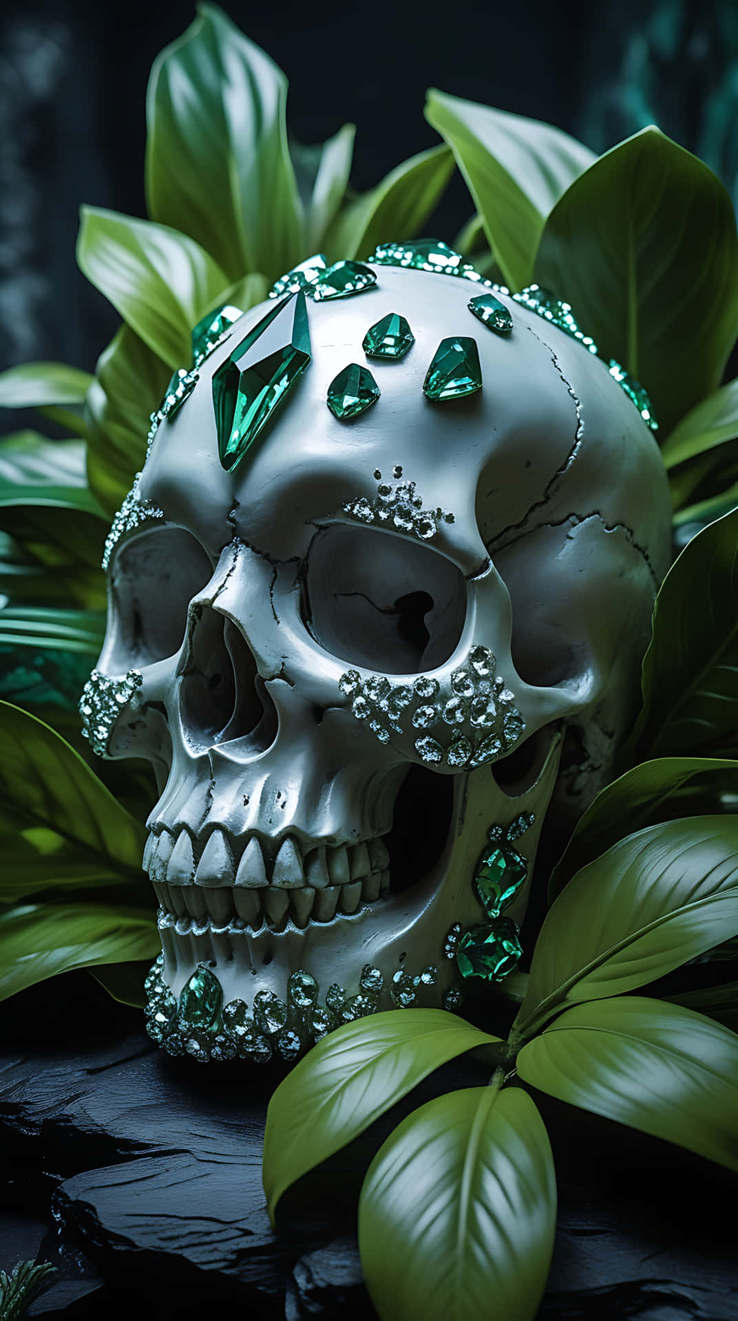 Ethereal Crystal Skull Amidst Green Foliage. smartphone wallpaper 壁紙 — 一個銀色頭骨飾有閃爍的綠色寶石，躺在黑色石面上茂密的深綠色樹葉之間。