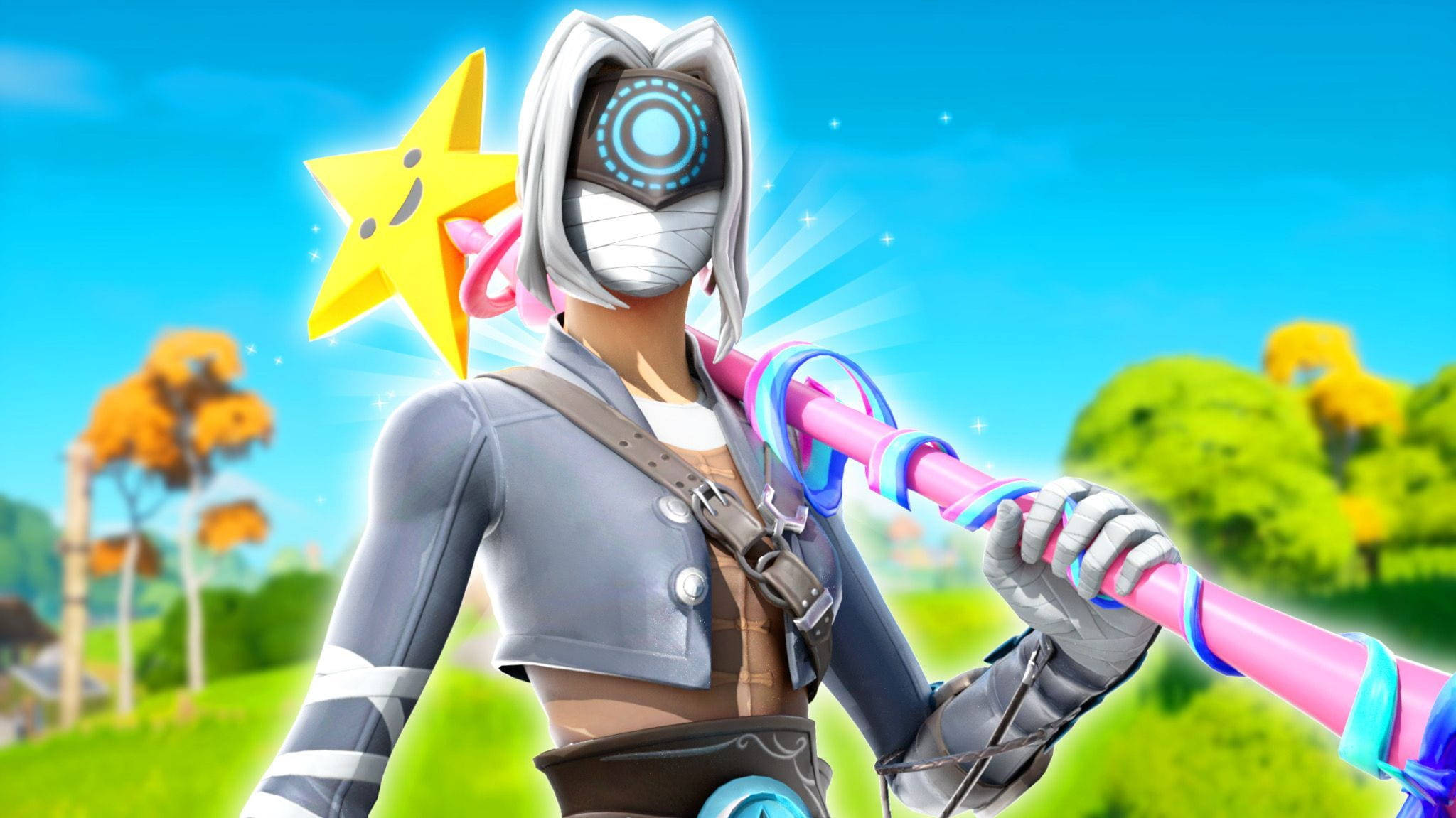 電玩遊戲 桌布 壁紙 — 一個銀色頭髮、帶有發光星星的Fortnite角色，在藍天和秋樹背景下手持彩色法杖。