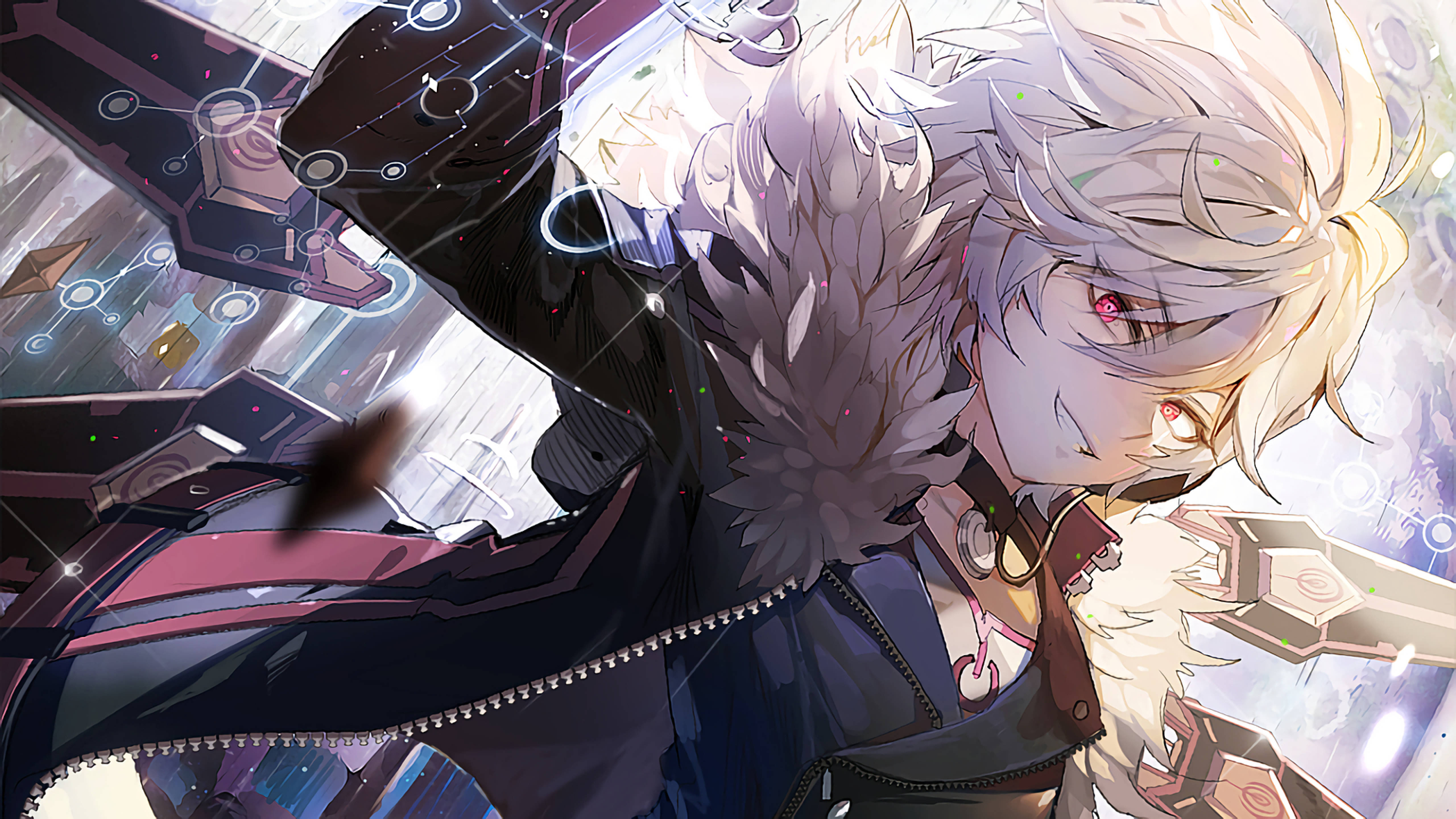 Elsword 桌布 壁紙 — 一個銀色頭髮、發光紅眼的動漫角色，自信地穿著毛領大衣，站在發光的數位介面之間。