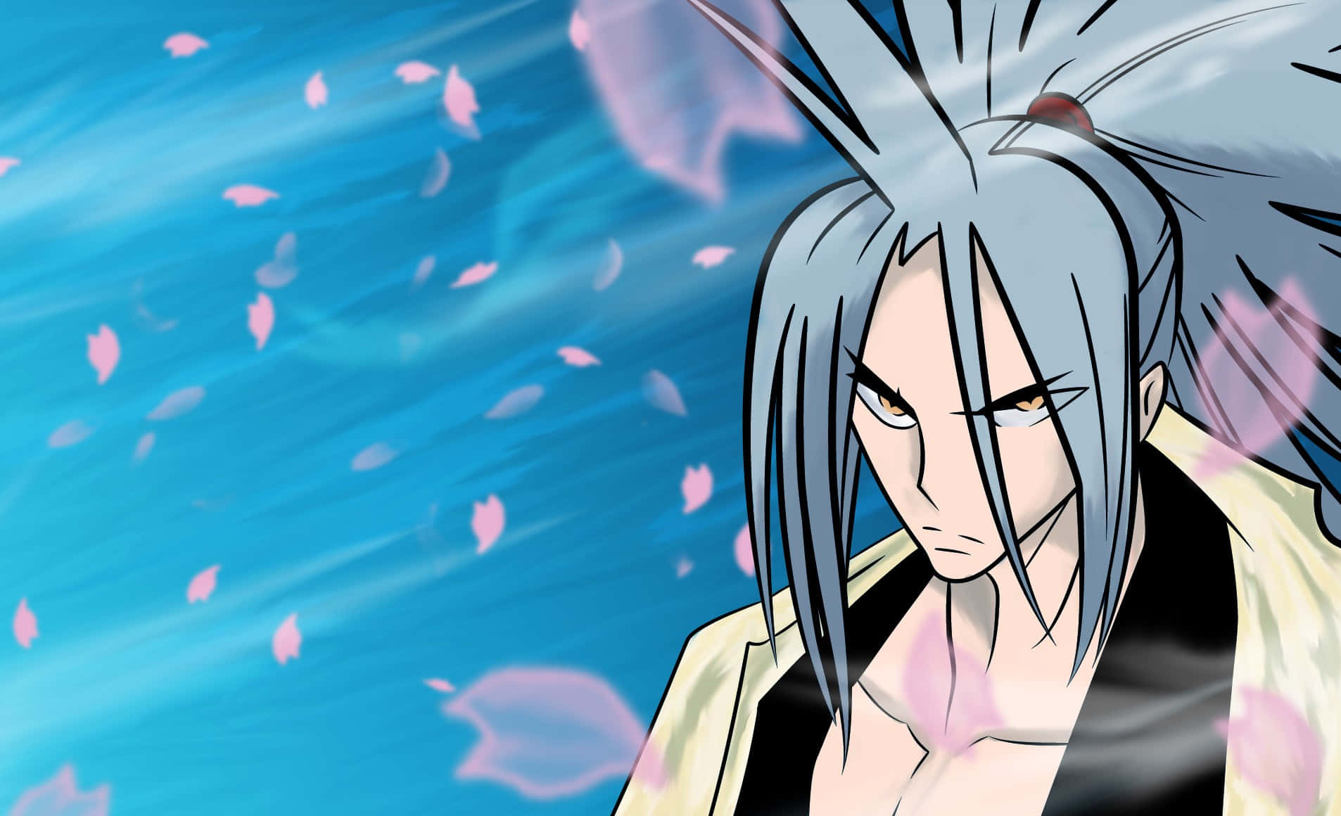 Shaman King 桌布 壁紙 — 一個銀色頭髮、眼神銳利的動漫角色站在藍天下，粉紅色的櫻花在他周圍飄落。