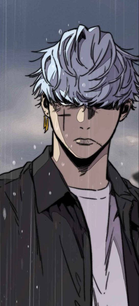 Wind 桌布 壁紙 — 一個銀色頭髮、臉上帶淚痕的憂鬱動漫男孩，穿著深色外套站在大雨中。