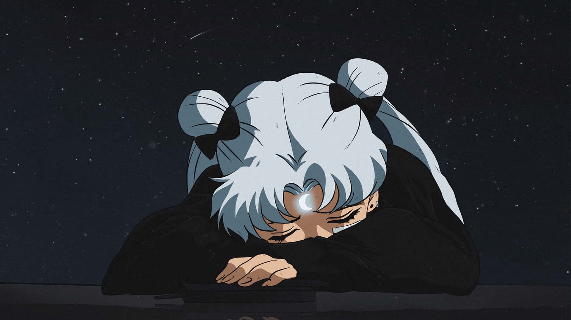 銀色頭髮、雙丸子頭的動漫角色，在星空下將頭靠在壁架上休息。 — 憂鬱動漫女孩 GIF 壁紙