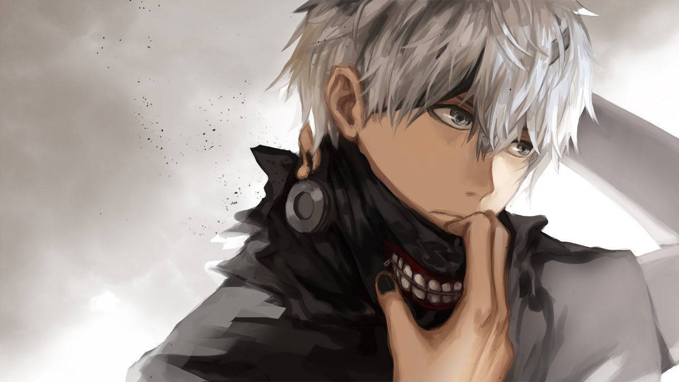 動漫男孩 桌布 壁紙 — 一個銀色頭髮的動漫角色，露出牙齒的笑容和深色指甲油，在煙霧般的灰色背景下凝視著。