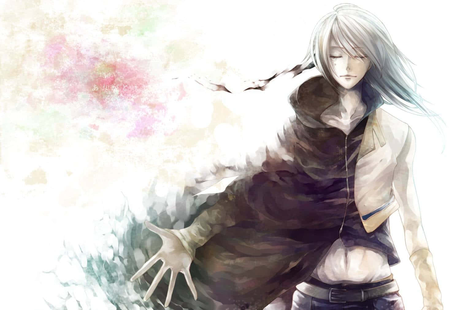 Kingdom Hearts Riku 桌布 壁紙 — 一個銀色頭髮的動漫角色閉著眼睛，將手伸向一個旋轉的粉彩能量場。