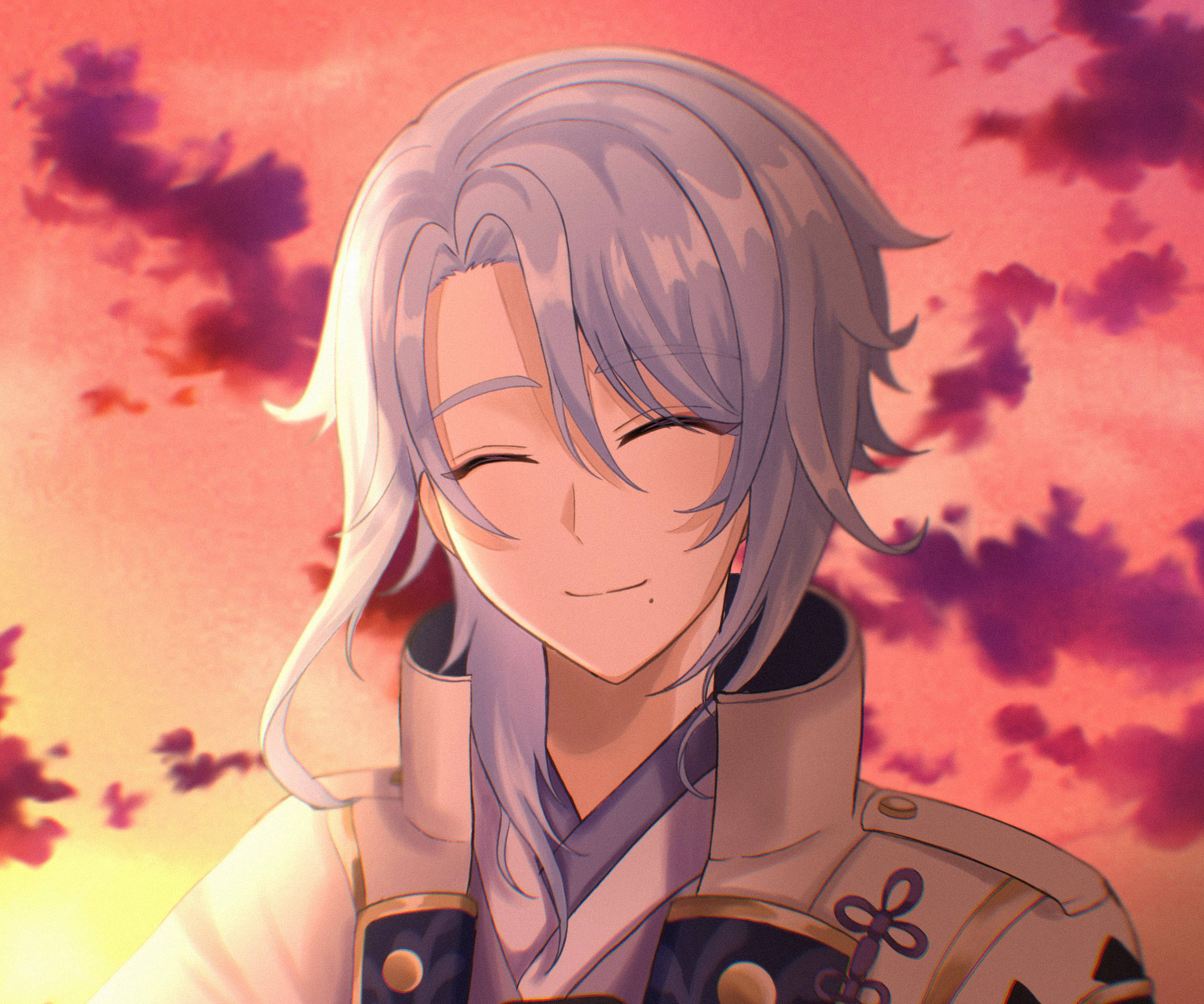 ayato 桌布 壁紙 — 一個銀色頭髮的寧靜動漫角色，在充滿活力的粉紅色和橙色日落天空下溫柔地微笑。