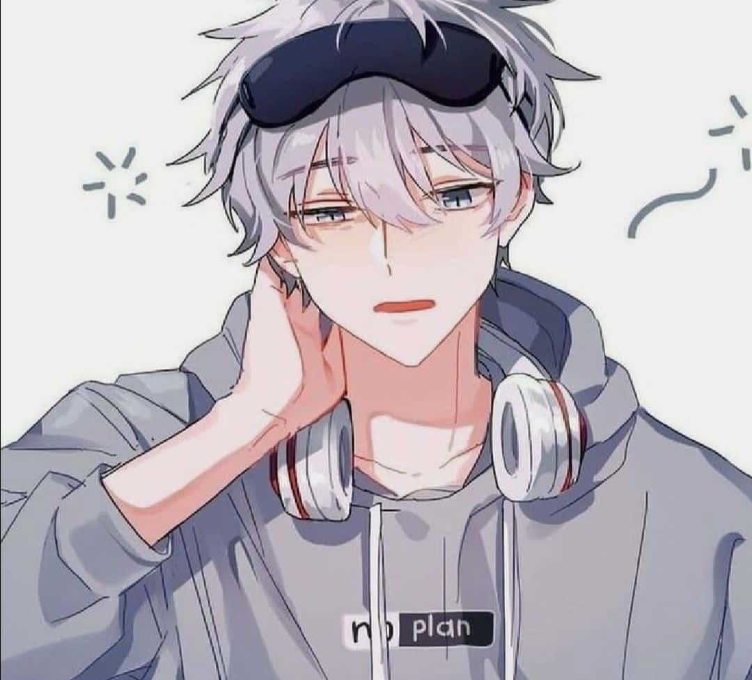 Game Art 桌布 壁紙 — 一個銀髮、戴護目鏡和耳機的動漫男孩，手托著臉頰，看起來很疲倦。