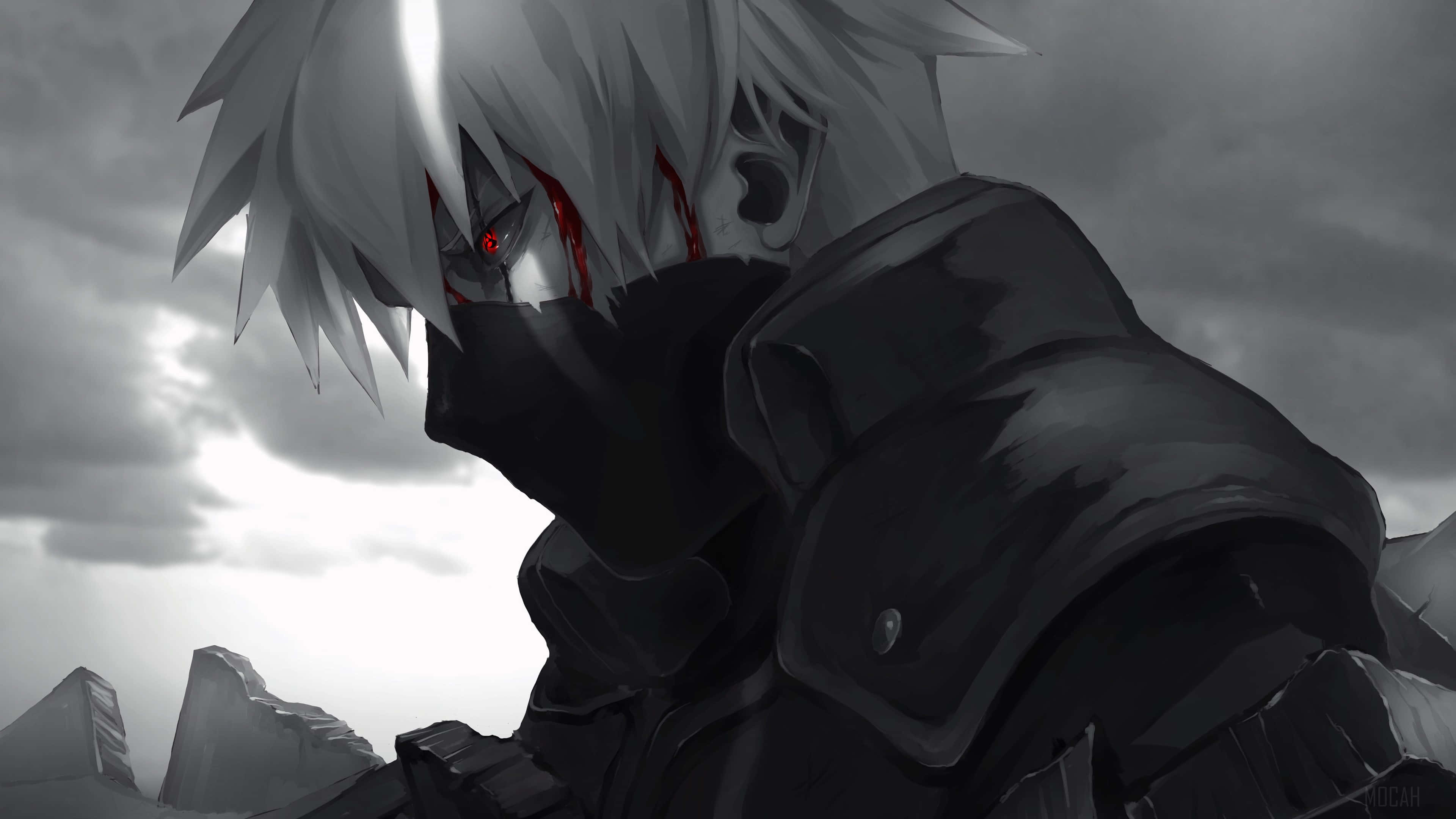 Kakashi Hatake 桌布 壁紙 — 一個銀髮、紅眼、帶有血痕的動漫角色，在暴風雨的灰色天空下強烈凝視。