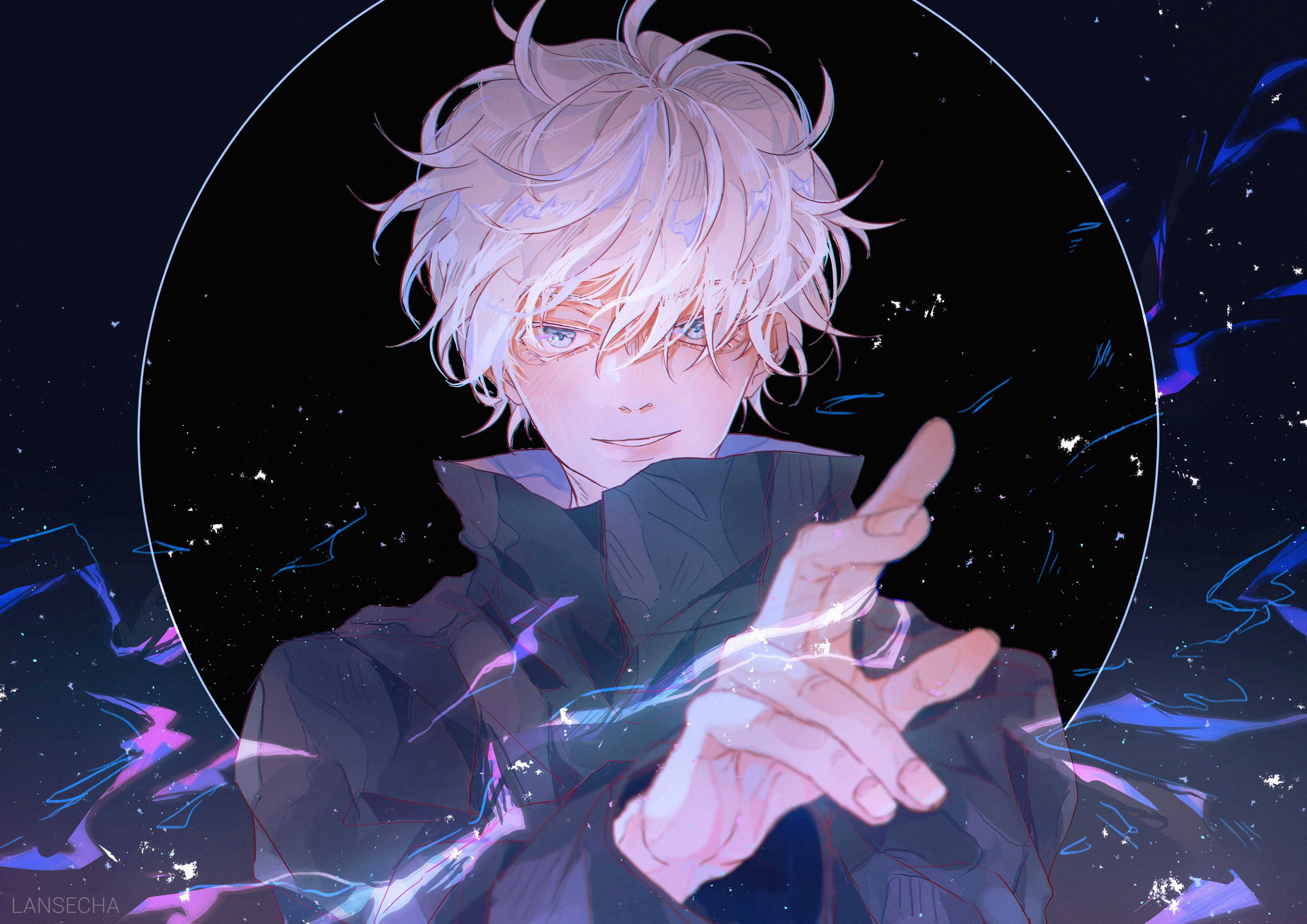 Gojo 桌布 壁紙 — 一個銀髮、藍色發光眼睛的動漫男孩，在宇宙星空背景下伸出手，電紫色能量在他周圍旋轉。