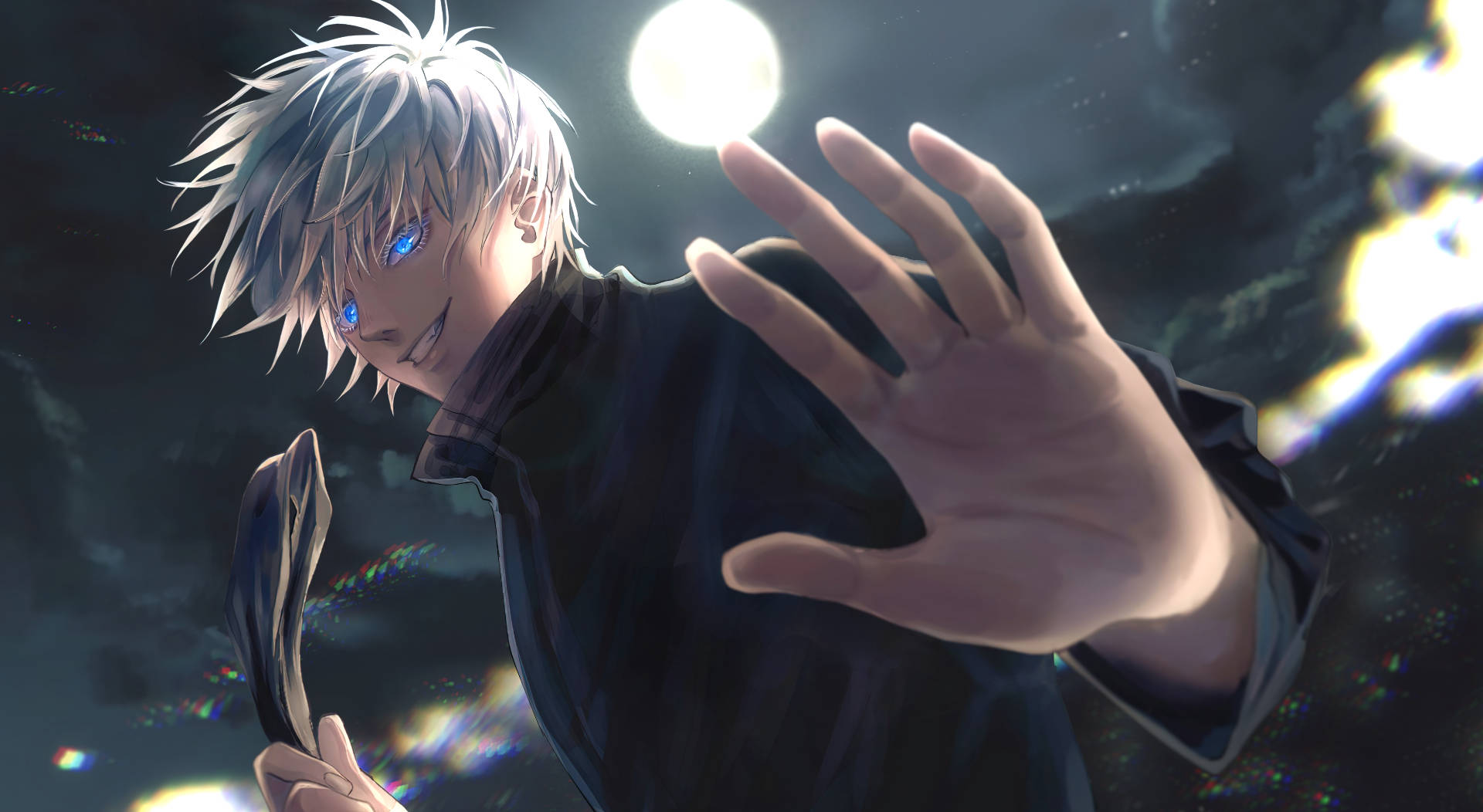 Gojo Sataru 桌布 壁紙 — 一個銀髮、藍色發光眼睛的動漫男孩，在黑暗的星空下向明亮的月亮伸出手。