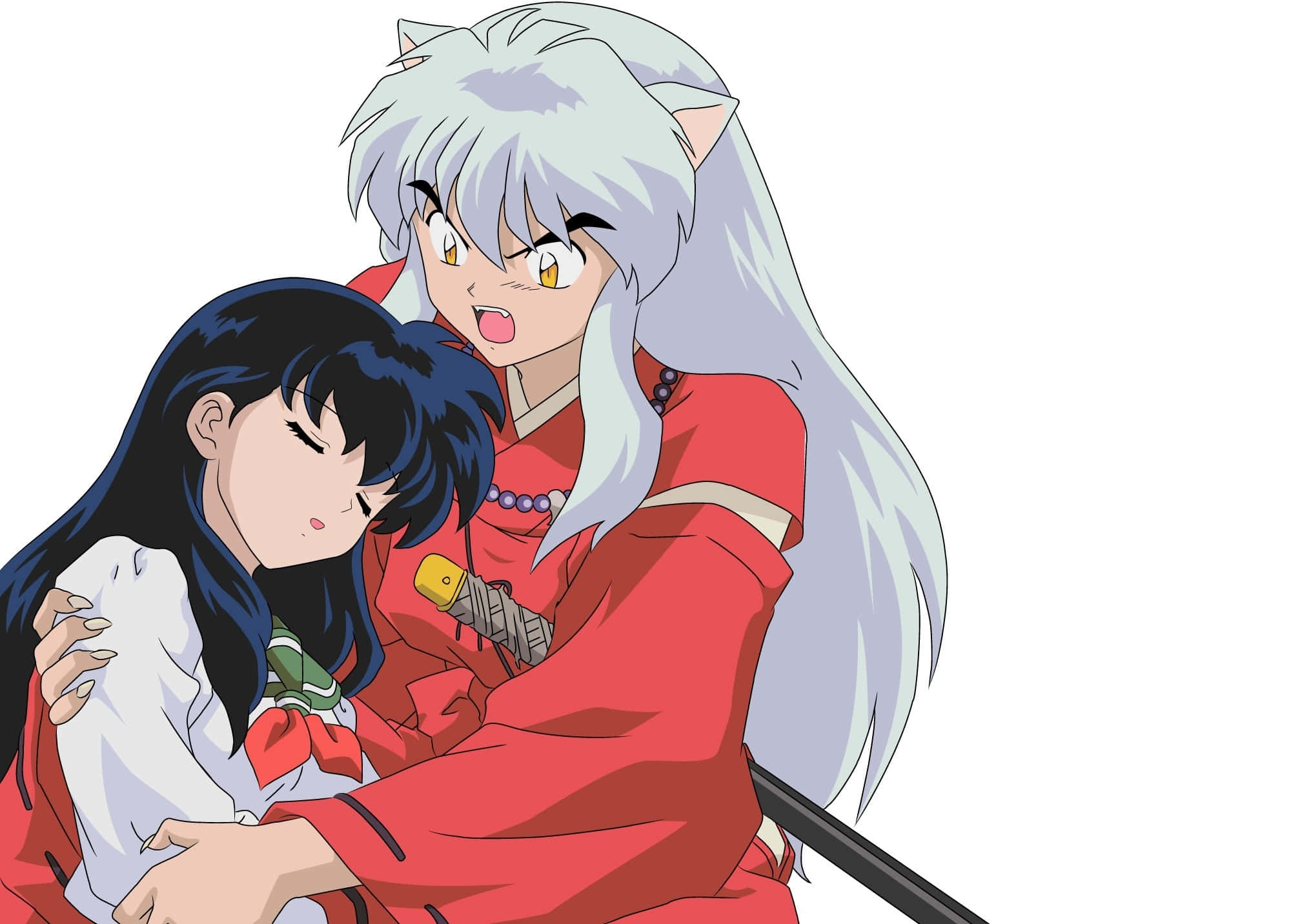 Kagome Higurashi 桌布 壁紙 — 一個銀髮動漫惡魔手持劍，在白色背景前擁抱著一個穿著紅色和服、正在睡覺的黑髮女孩。