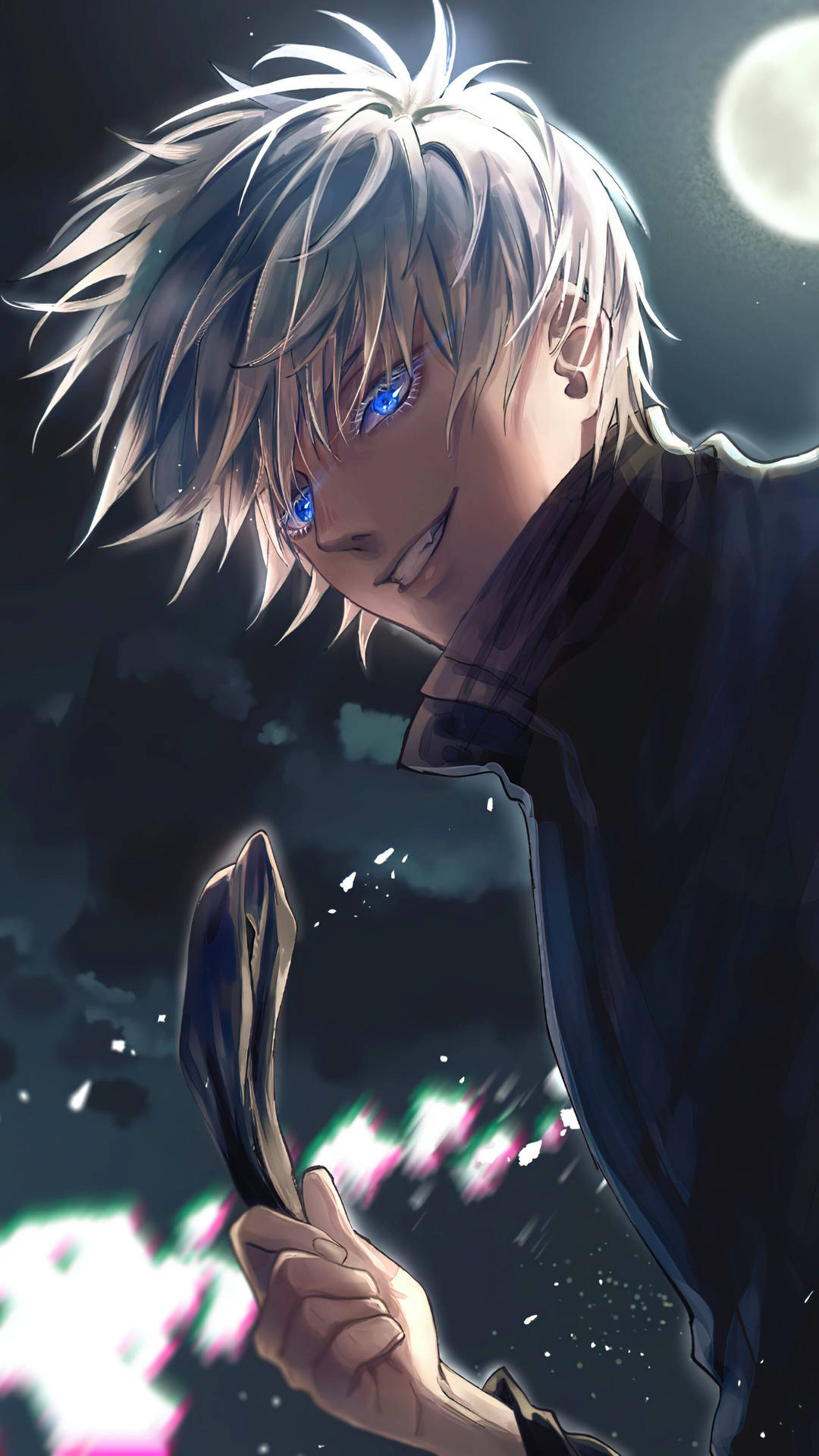 動漫角色，銀髮藍眼，在月光下握著一把發光的劍。 — 動漫角色 GIF 壁紙