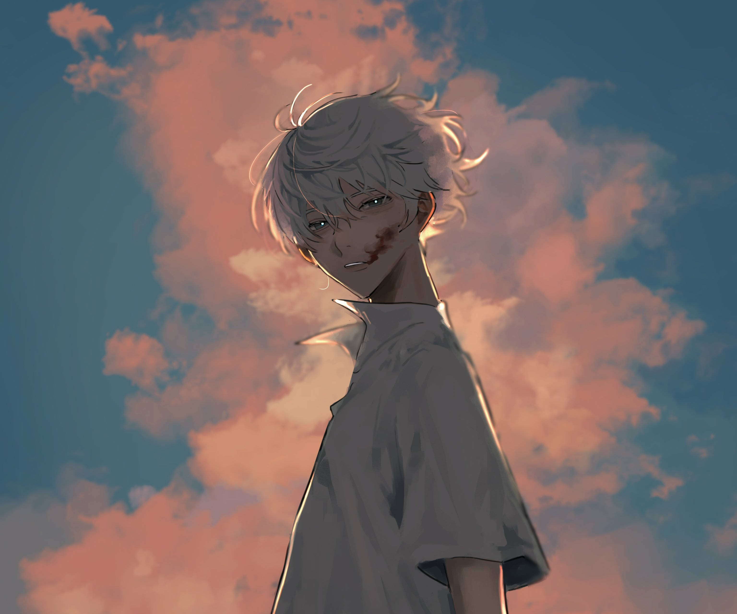 kaworu nagisa 桌布 壁紙 — 一個銀髮動漫男孩，臉頰帶血，仰望粉藍色雲彩的黃昏天空。