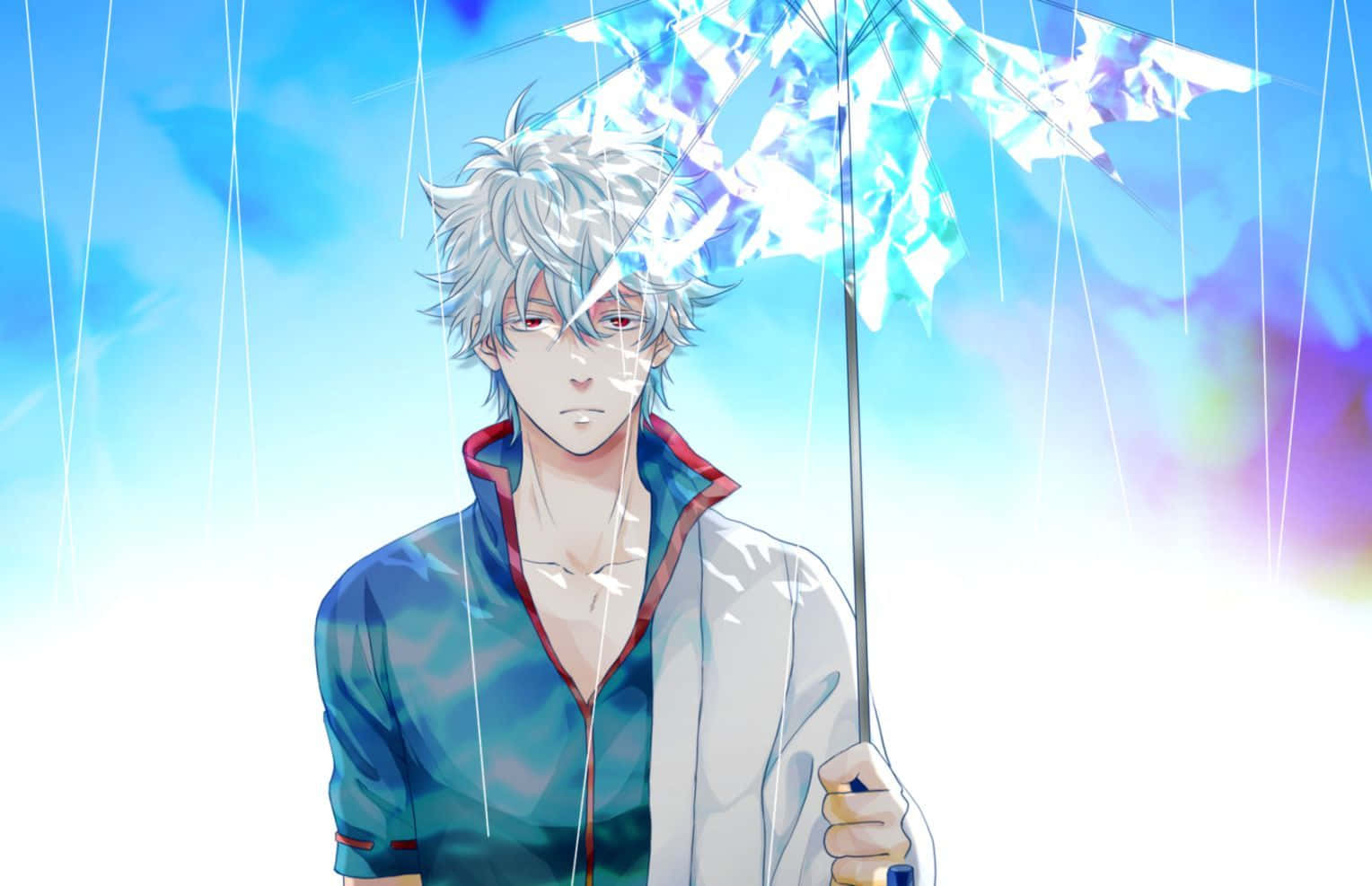 桌布 壁紙 — 一個銀髮動漫男孩在充滿光線的鮮豔天空下拿著發光的藍色雨傘。