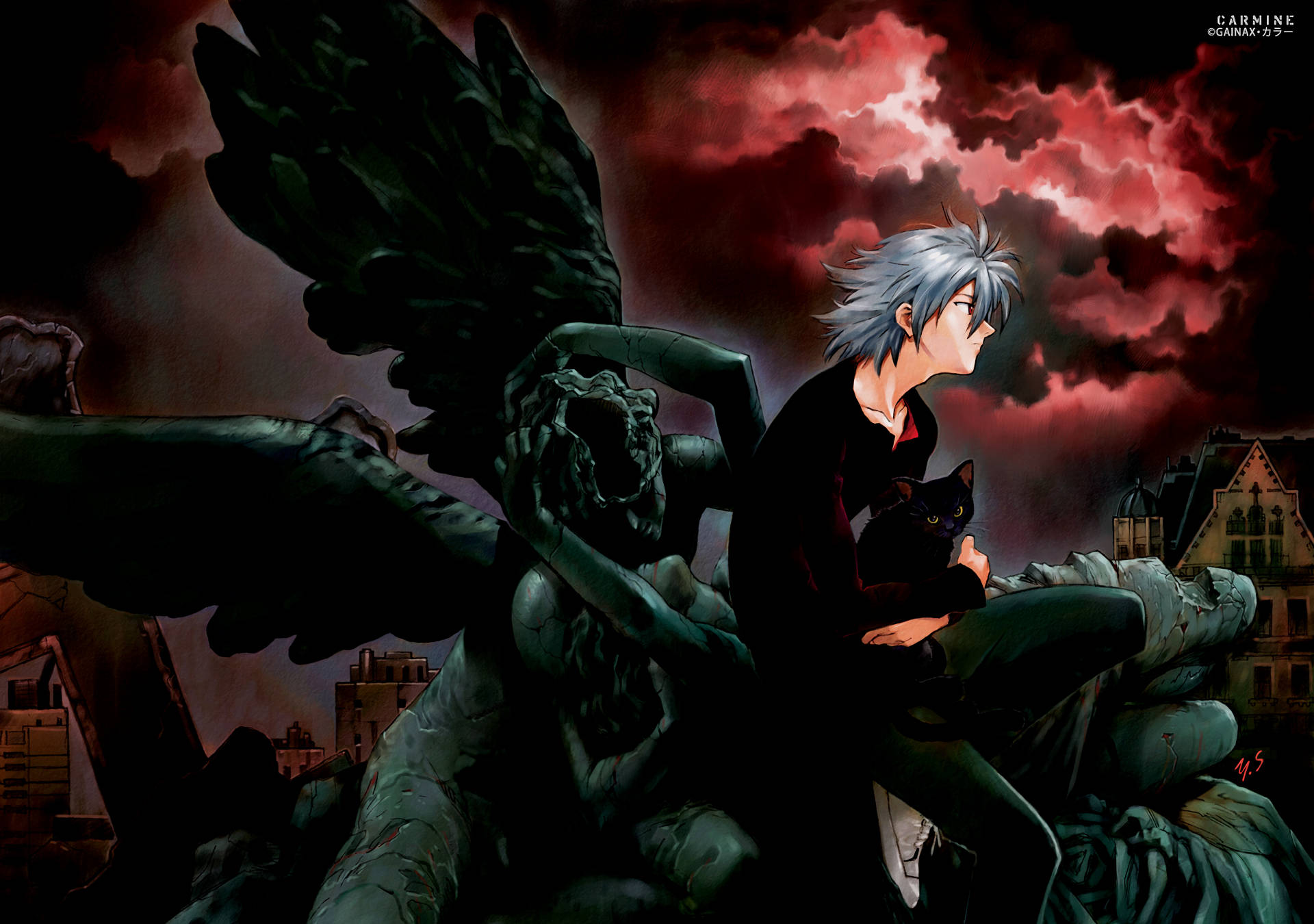 kaworu nagisa 桌布 壁紙 — 一個銀髮動漫男孩在血紅色暴風雨天空下，懷抱一隻黑貓站在石像鬼雕像上。