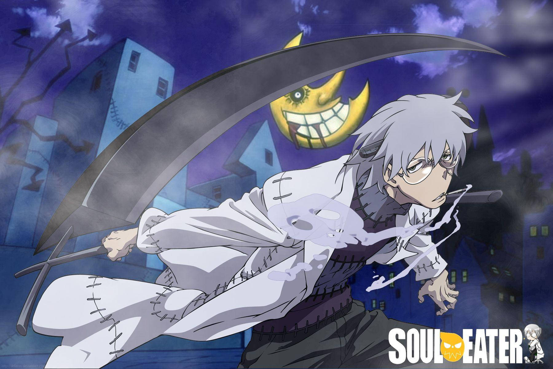 soul eater moon 桌布 壁紙 — 一個銀髮動漫男孩在黑暗、縫合的城市景觀中揮舞著巨大的鐮刀對抗咧嘴笑的月亮。