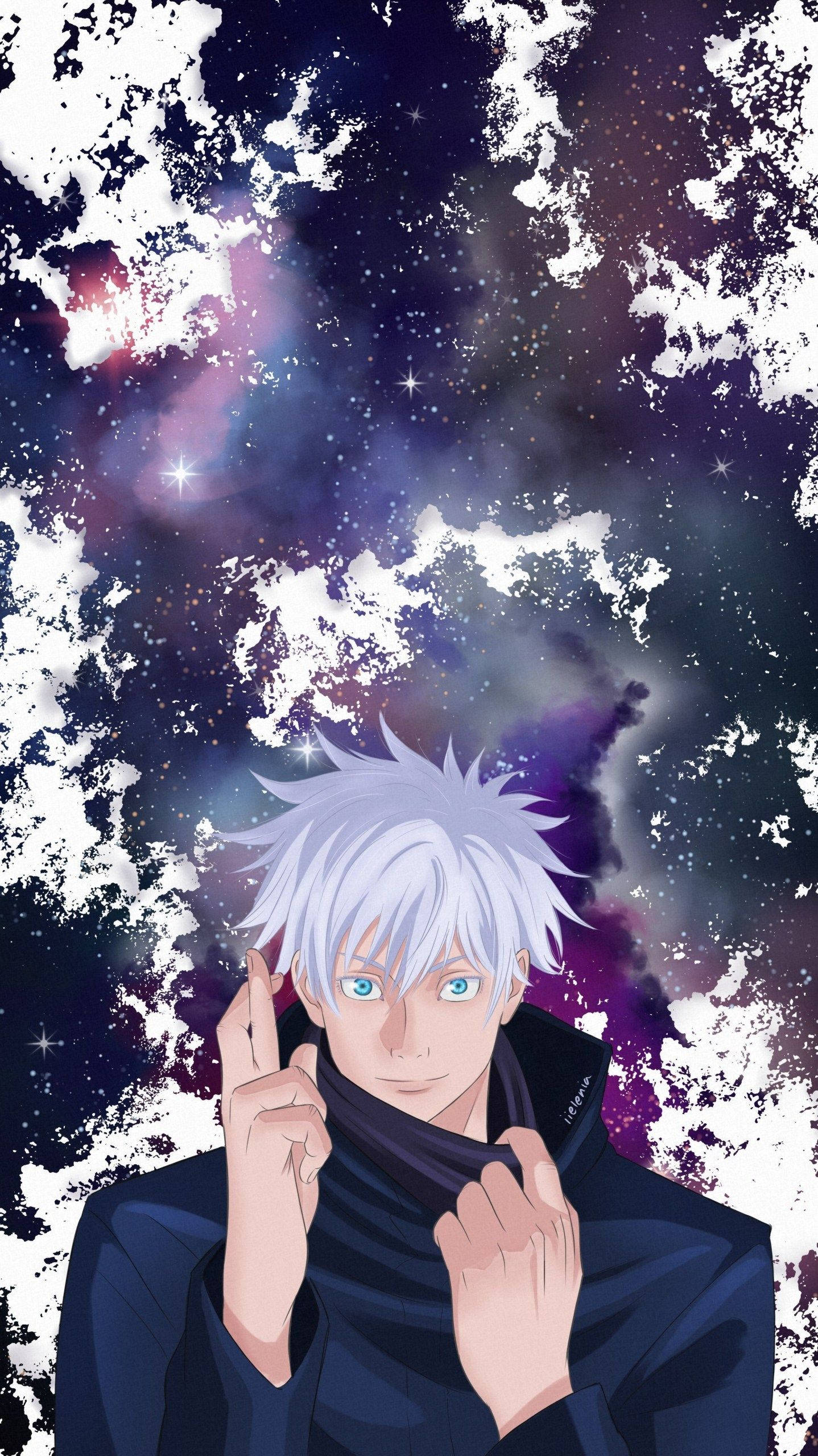 Gojo Sataru 桌布 壁紙 — 一個銀髮動漫男孩穿著深色外套，站在宇宙星雲背景前，背景有發光的星星和紫色雲朵。
