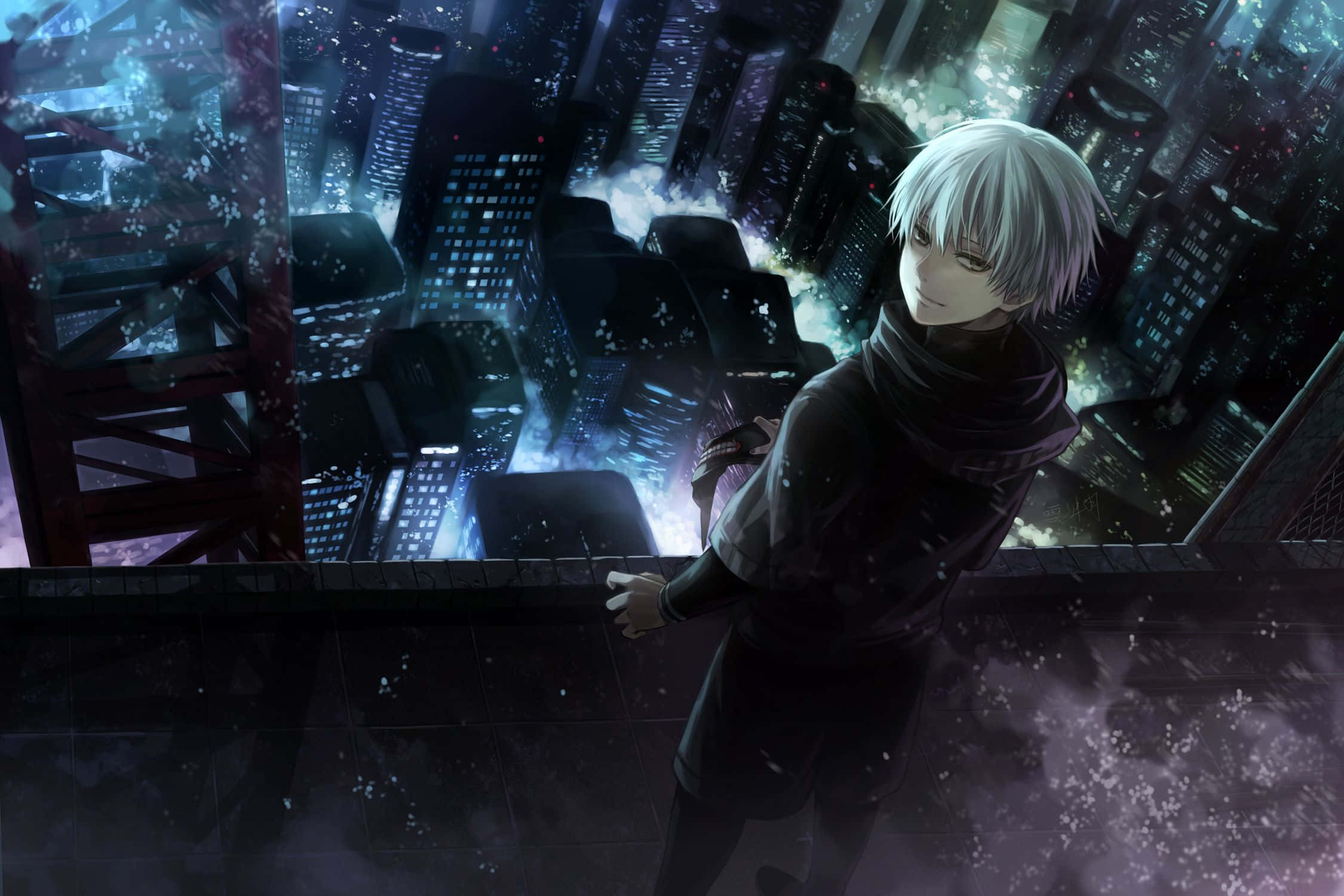 Kaneki Sad 桌布 壁紙 — 一個銀髮動漫男孩穿著深色衣服站在屋頂上，俯瞰夜晚閃爍霓虹燈的城市景觀，雪花飄落。