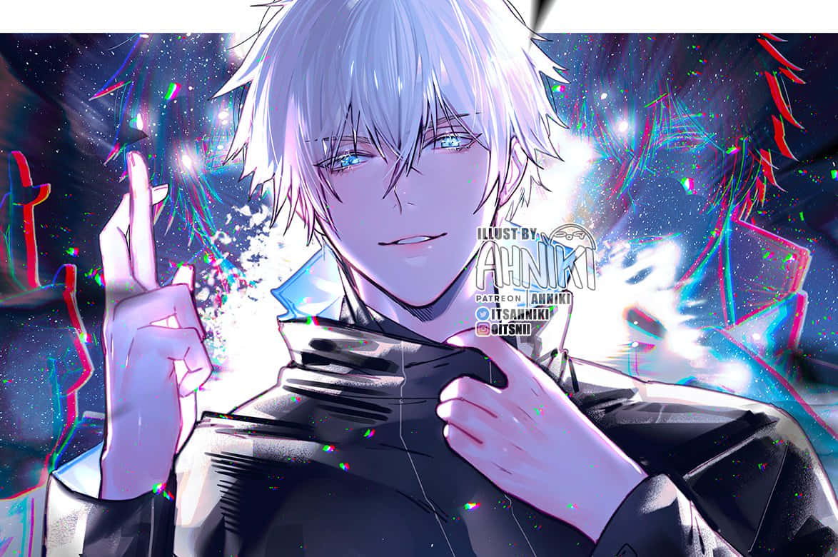 桌布 壁紙 — 一個銀髮動漫男孩穿著黑色外套，在充滿發光粒子的鮮豔宇宙背景前比出和平手勢。
