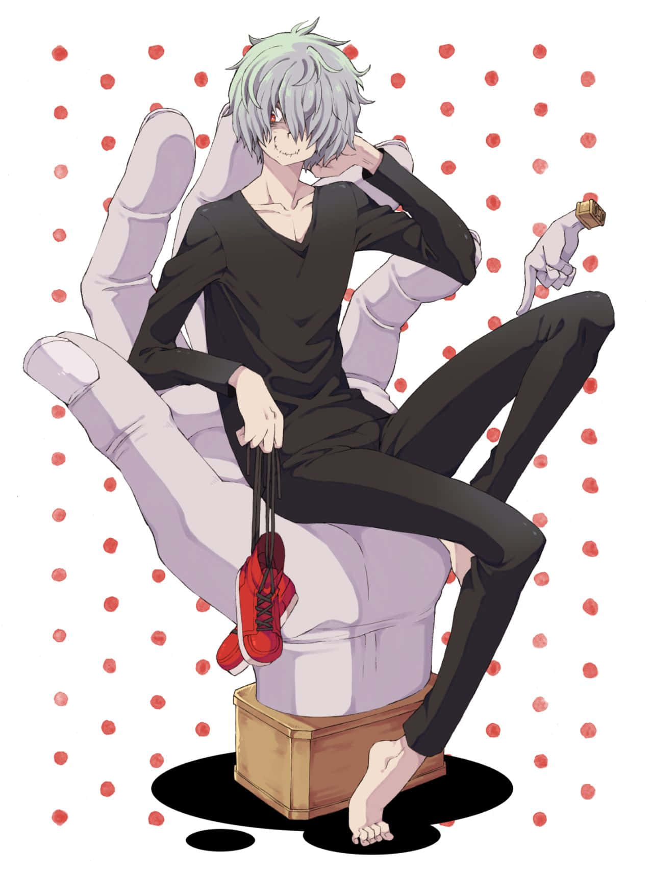 Tomura Shigaraki 桌布 壁紙 — 一個銀髮動漫男孩穿著黑色衣服，懶洋洋地躺在一隻拿著紅色鞋子的巨手上，背景是紅色圓點圖案。