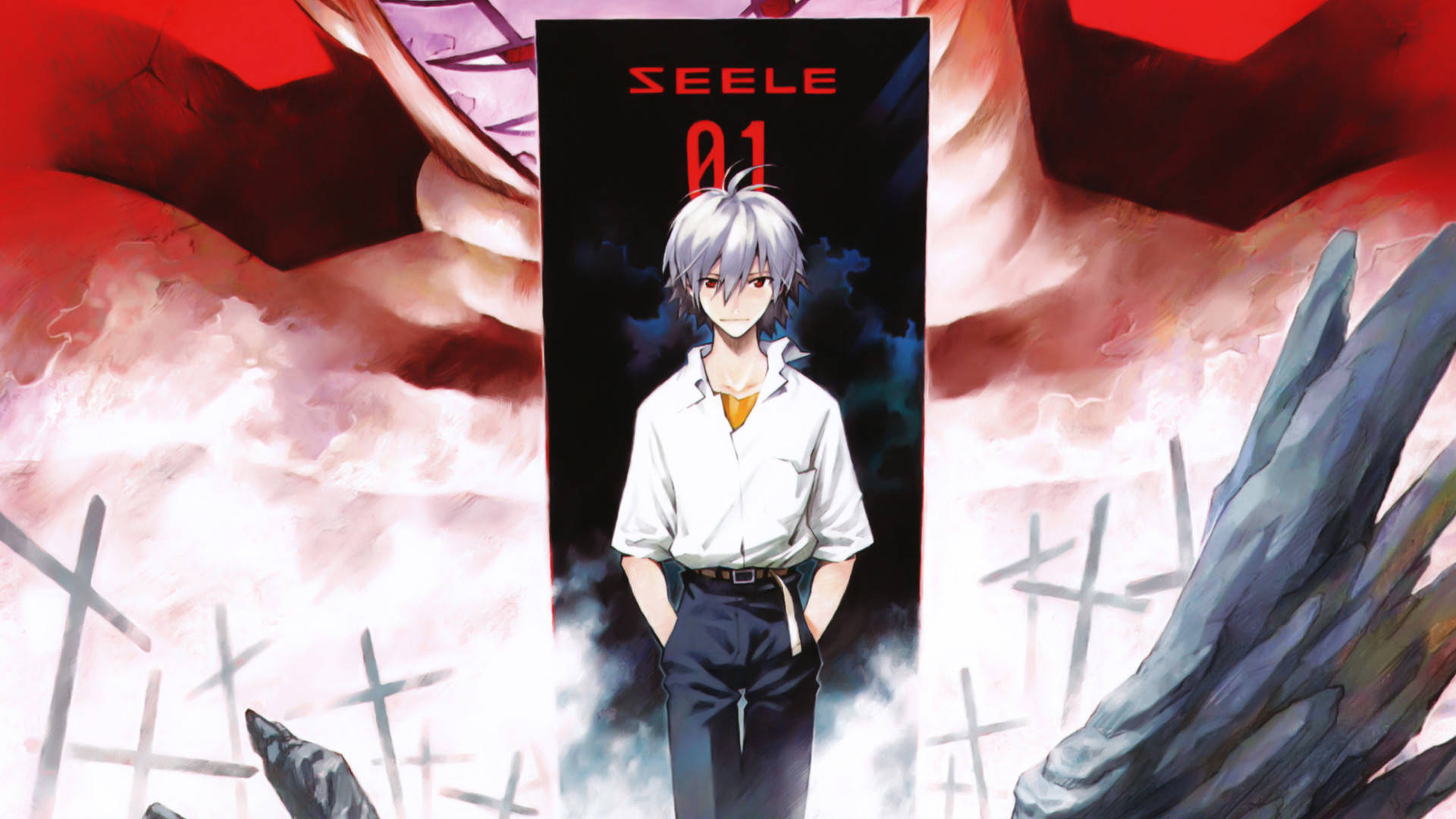 kaworu nagisa 桌布 壁紙 — 一個銀髮動漫男孩站在一個標有 SEELE 01 的黑色框架中，周圍環繞著紅雲和破碎的十字架。