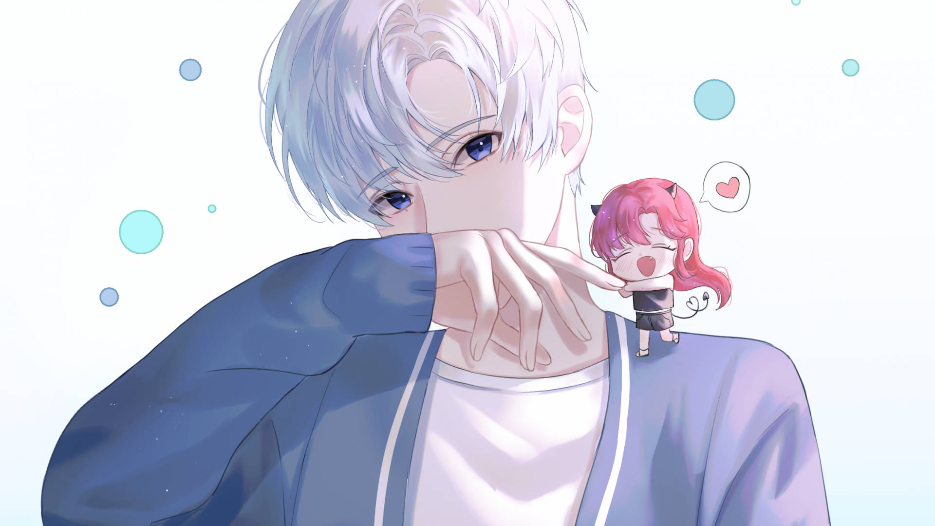 可愛動漫 桌布 壁紙 — 一個銀髮動漫男孩輕輕抱著一個微笑的粉紅髮小女孩，她頭頂有一個心形。
