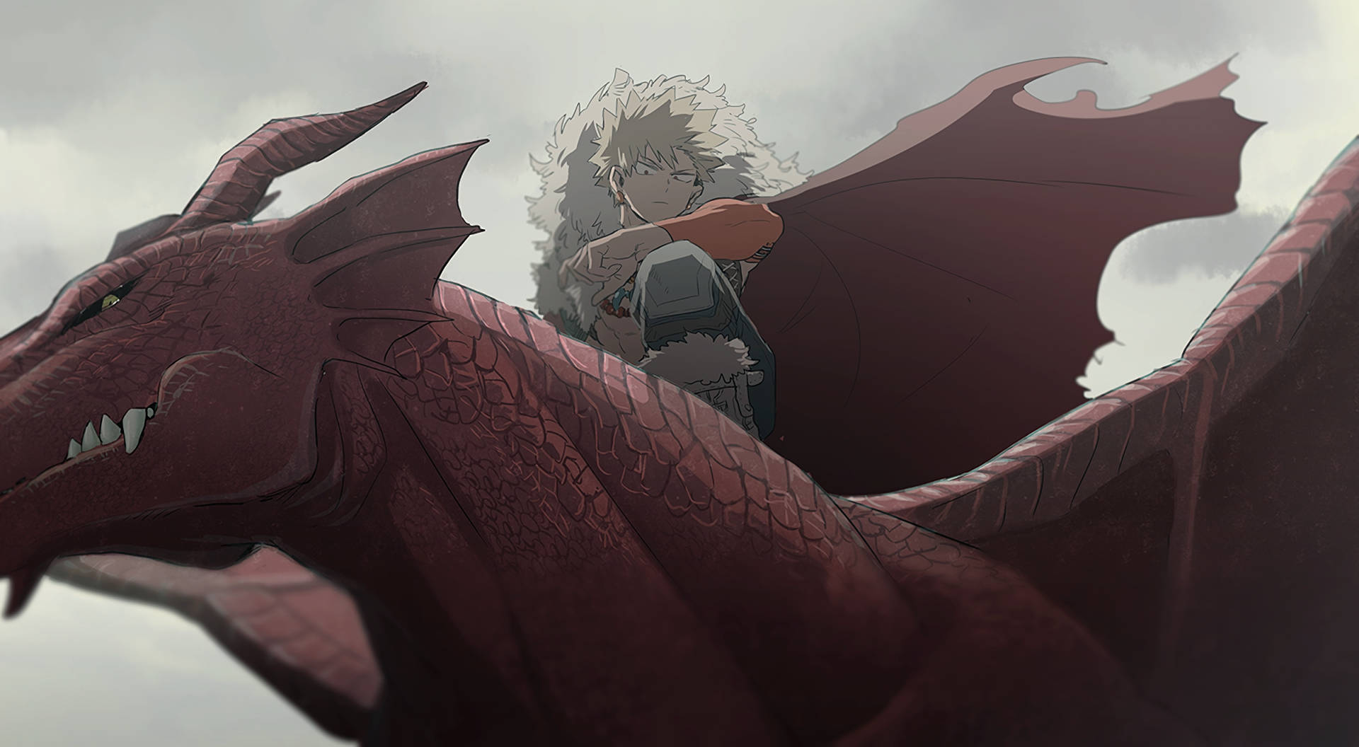 Bakugo 桌布 壁紙 — 一個銀髮動漫男孩騎著一條巨大的紅色龍，背景是陰雲密佈的灰色天空。
