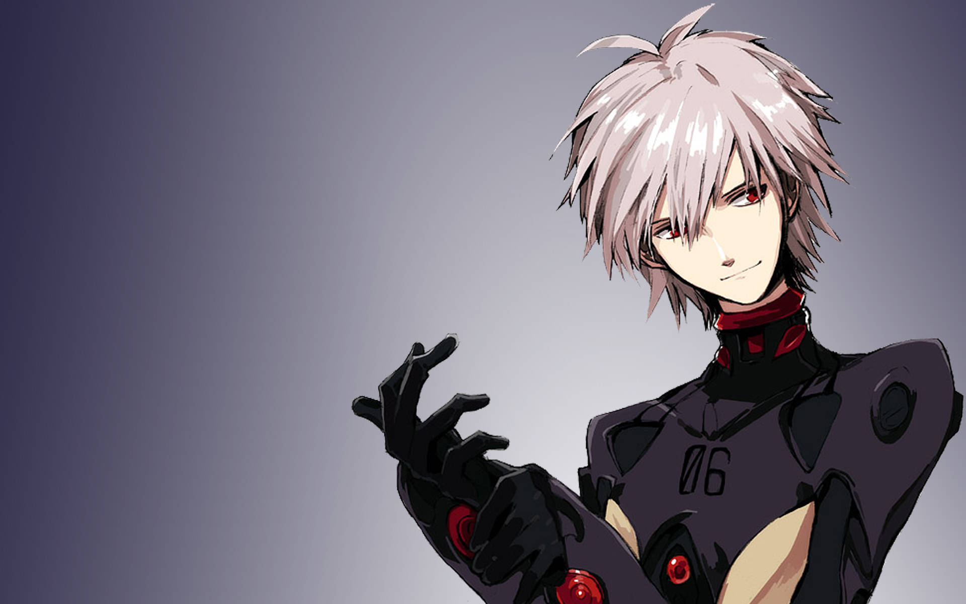 kaworu nagisa 桌布 壁紙 — 一個銀髮動漫角色，身穿帶有紅色點綴的黑色西裝，眼睛發光，在灰色漸變背景前擺姿勢。