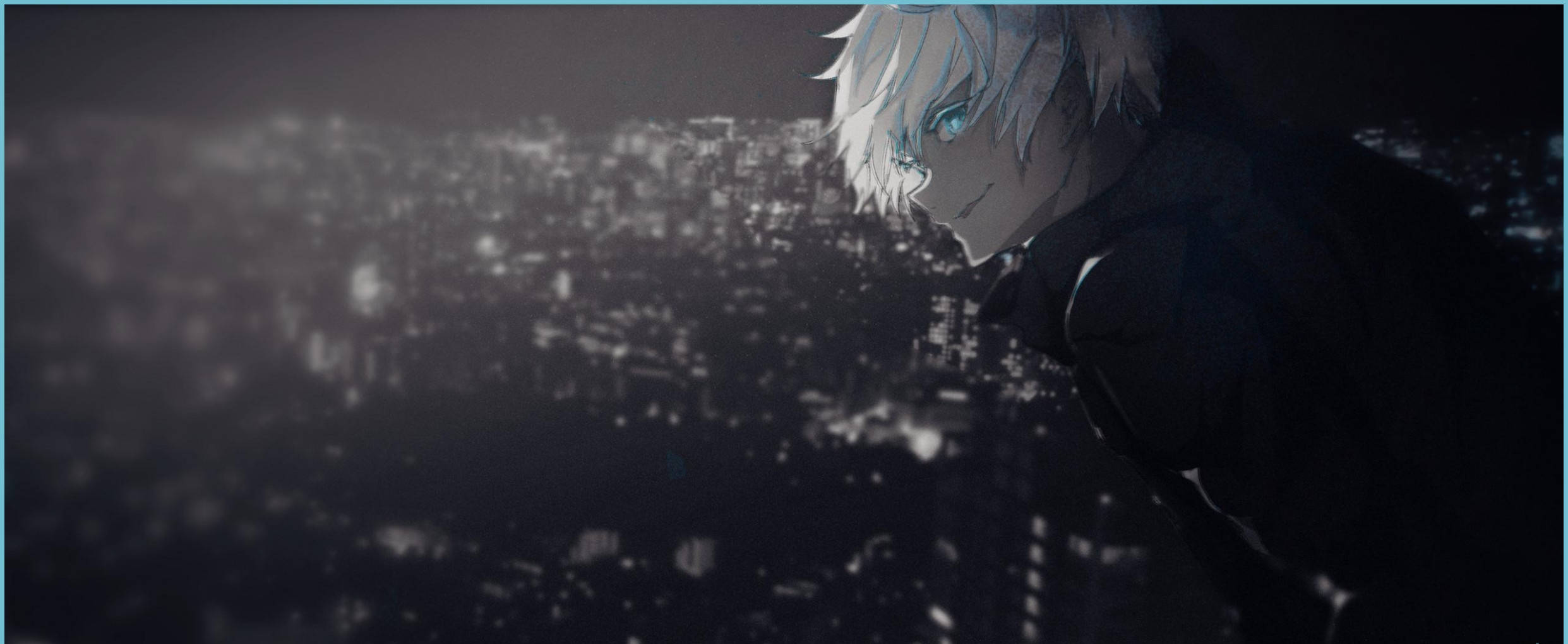 Jujutsu Kaisen Desktop 桌布 壁紙 — 一個銀髮動漫角色俯瞰著廣闊的城市景觀，夜晚燈火輝煌。