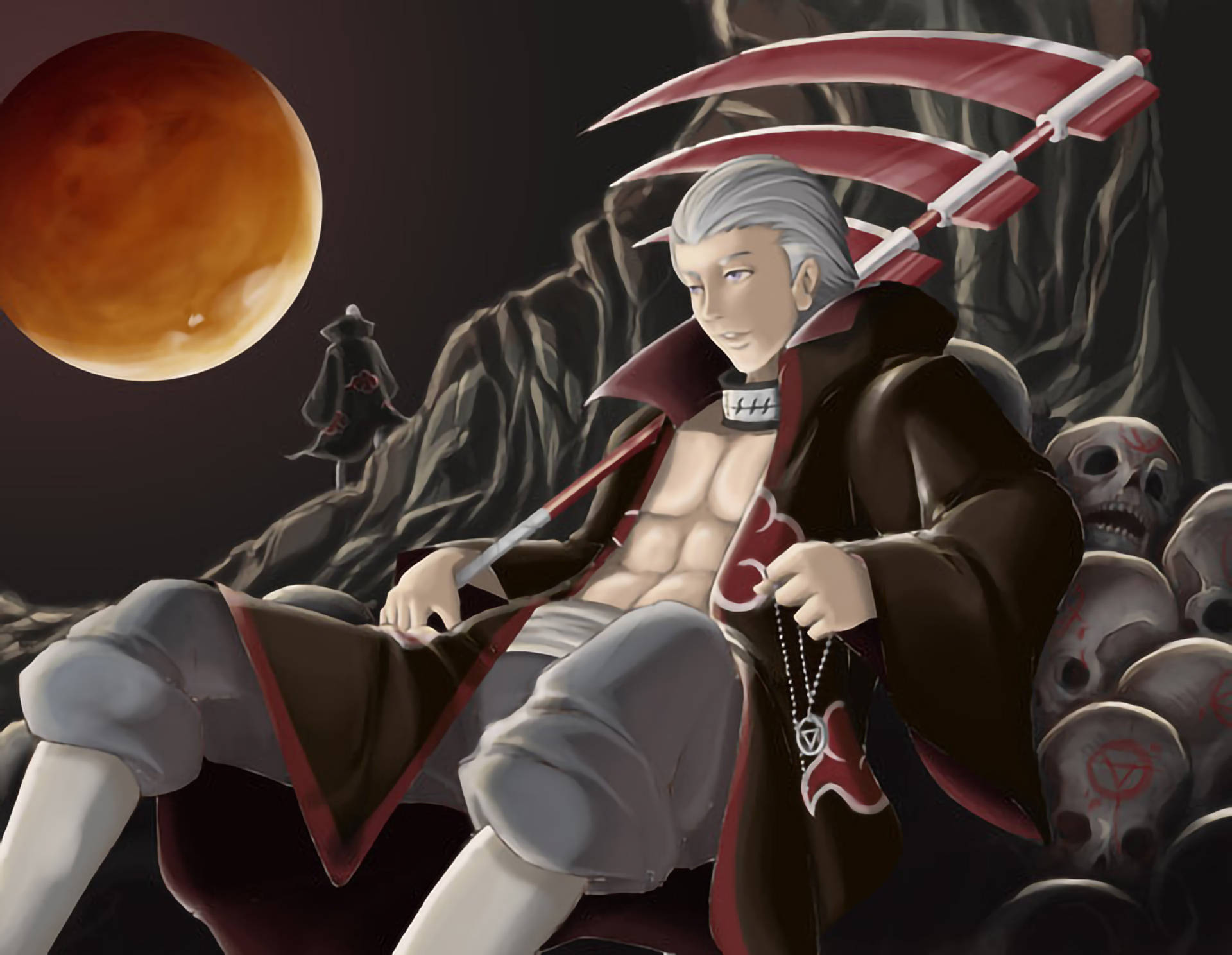 hidan akatsuki 桌布 壁紙 — 一個銀髮動漫角色拿著紅色鐮刀，坐在血橙色月亮下的骷髏上。