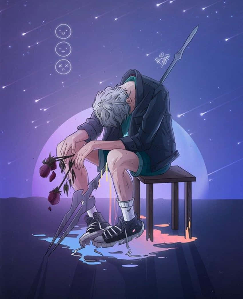 桌布 壁紙 — 一個銀髮動漫角色癱坐在星空紫天下的一張凳子上，手持枯萎的玫瑰和一把大劍。