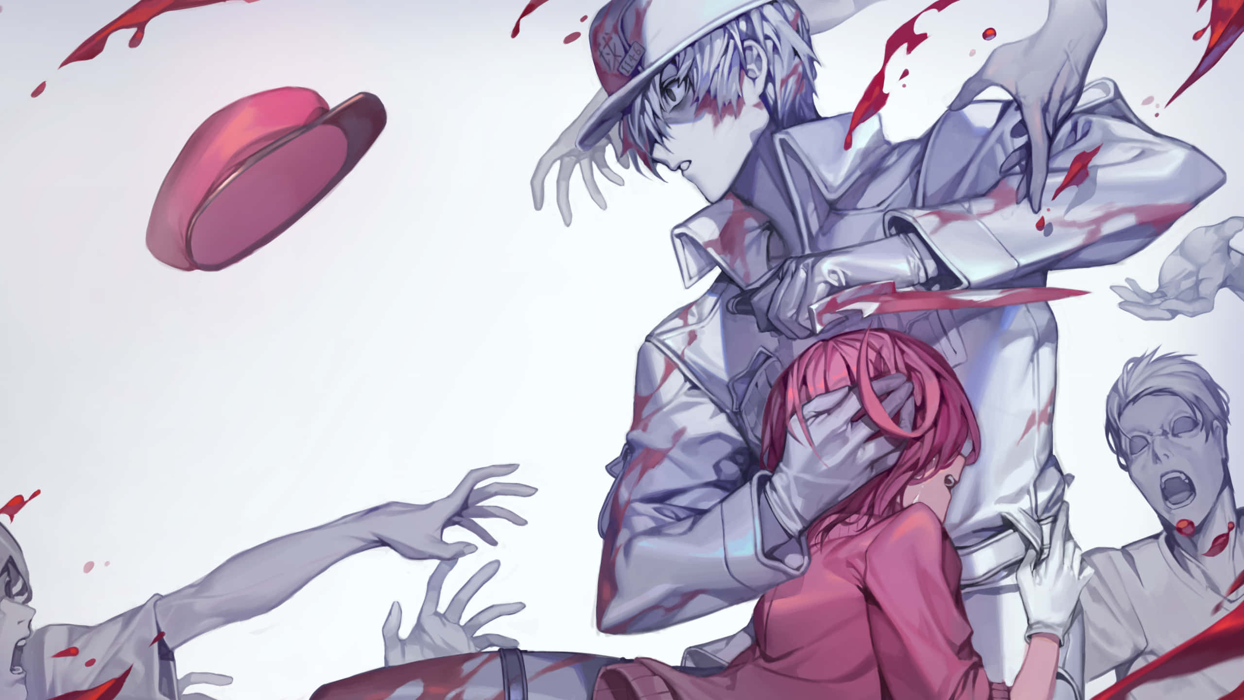 Cells At Work 桌布 壁紙 — 一個銀髮動漫角色穿著沾滿血跡的外套，抱著一個粉髮女孩，而殭屍般的手在純白背景前伸出。