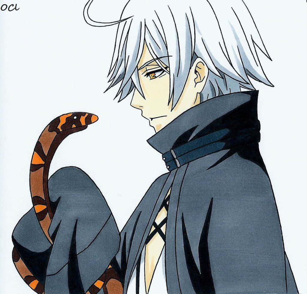 Black Butler Snake 桌布 壁紙 — 一個銀髮動漫角色穿著深色外套，在純白色背景前拿著一條條紋蛇。