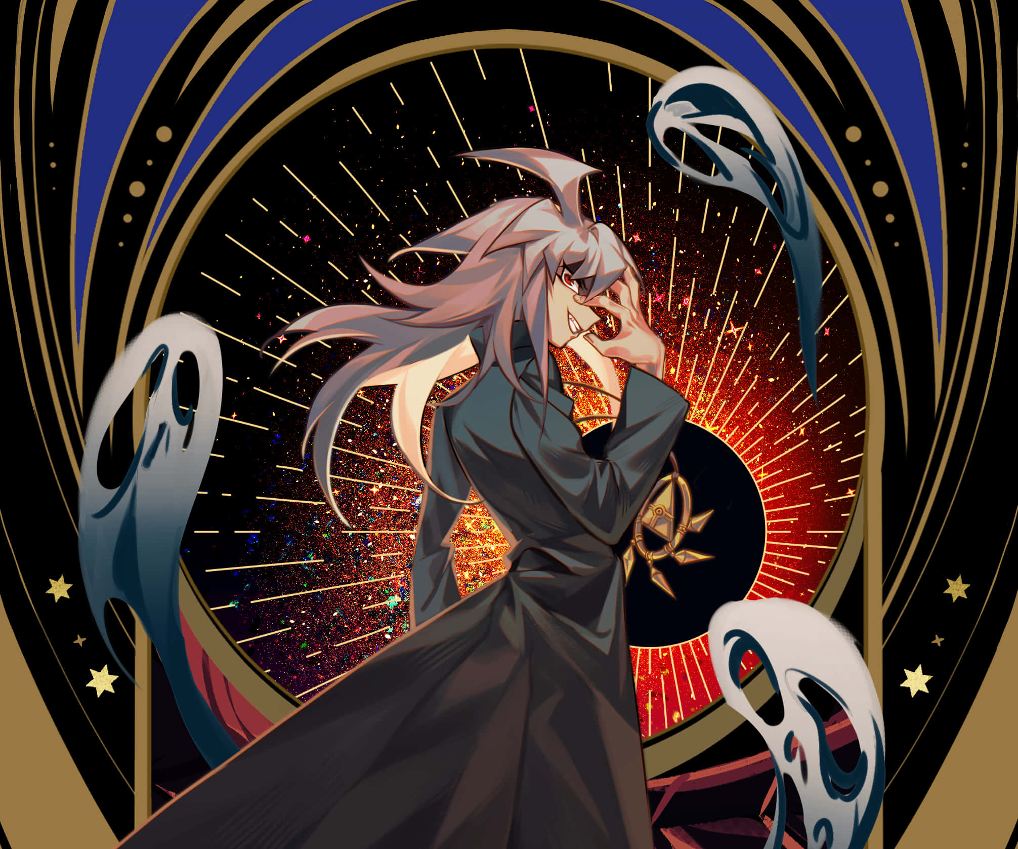 Yami Bakura 桌布 壁紙 — 一個銀髮動漫角色穿著深色外套，站在一個宇宙傳送門前，周圍有幽靈般的身影旋轉。