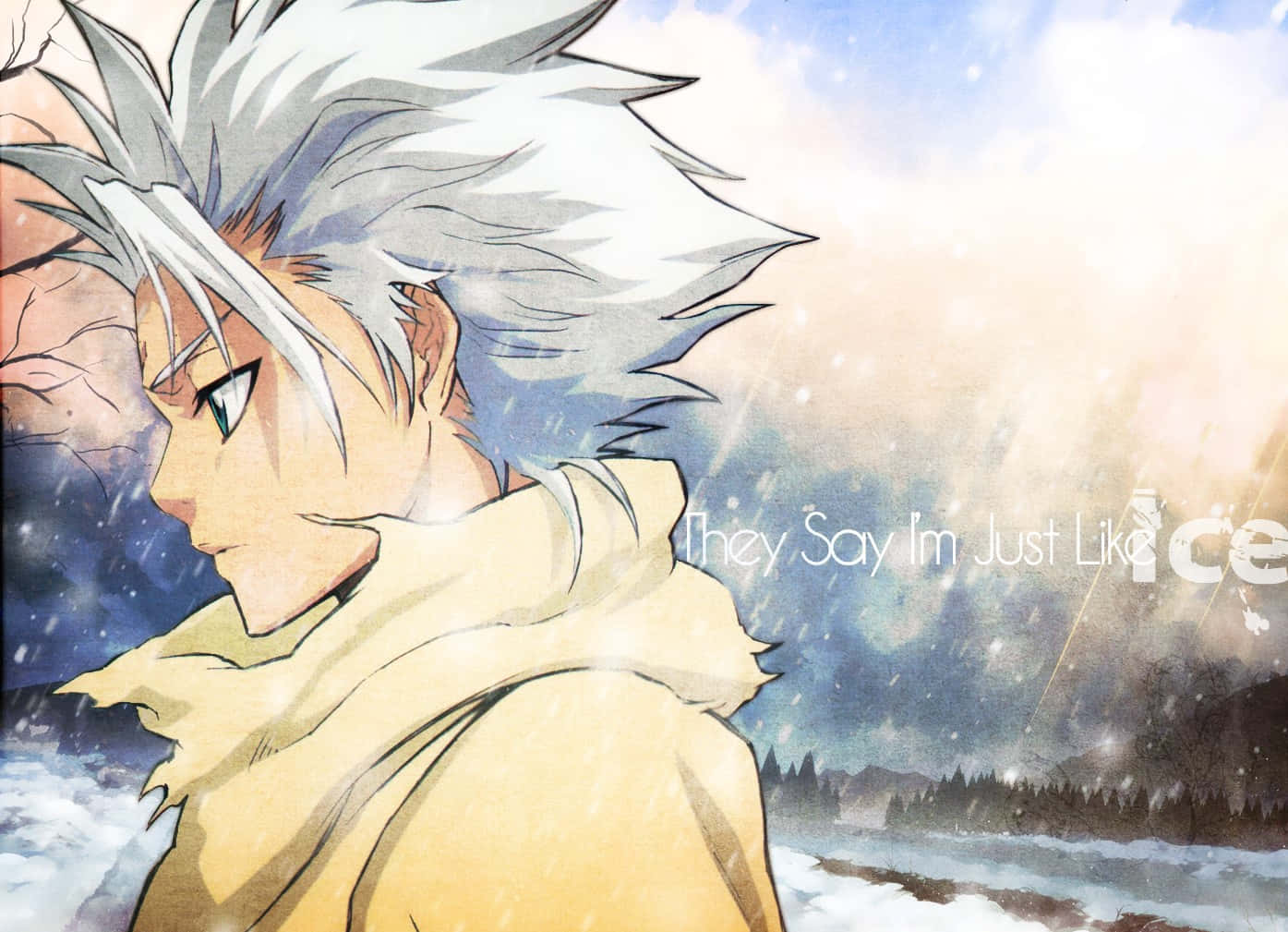 Toshiro Hitsugaya 桌布 壁紙 — 一個銀髮動漫角色穿著黃色外套，站在明亮的天空下雪景中。