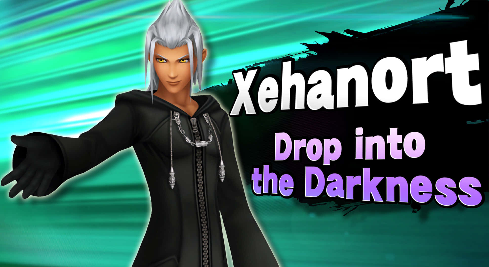 Kingdom Hearts Xehanort 桌布 壁紙 — 一個銀髮動漫角色穿著黑色外套，站在發光的青綠色背景前，粗體文字寫著 Xehanort Drop into the Darkness。